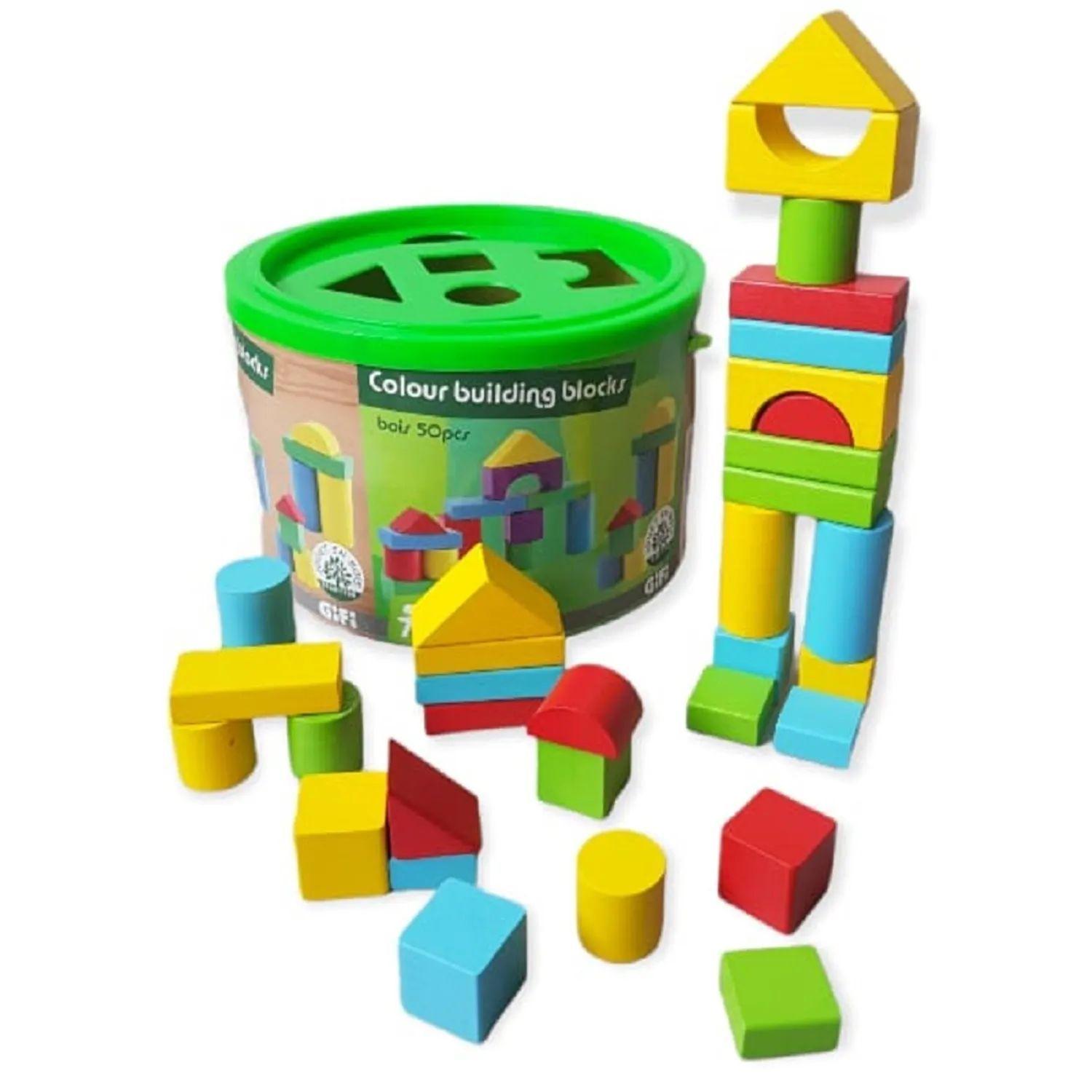 Juego Bloques De Construcci n Madera Con Balde 50 Pzs-0
