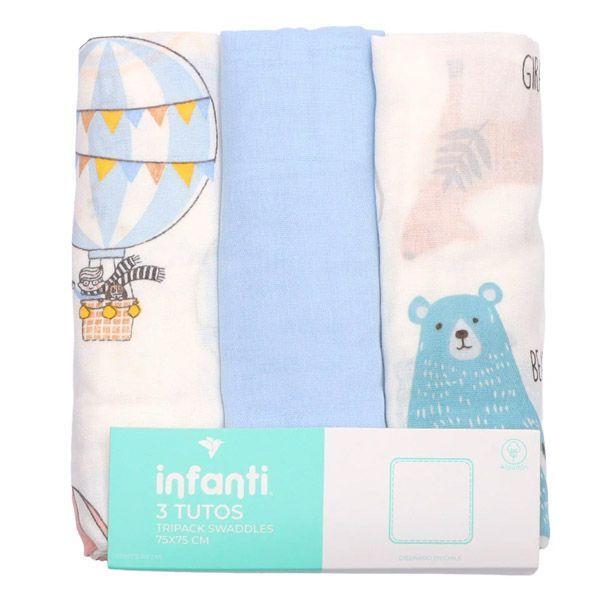 Pack 3 Tutos Infanti Algod n Muselina 75x75cm Celeste-0