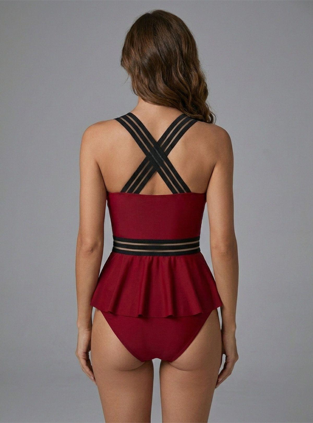 Tankini de Dos Piezas Vinotinto Burdeos con Tirantes de Malla Peplum-1