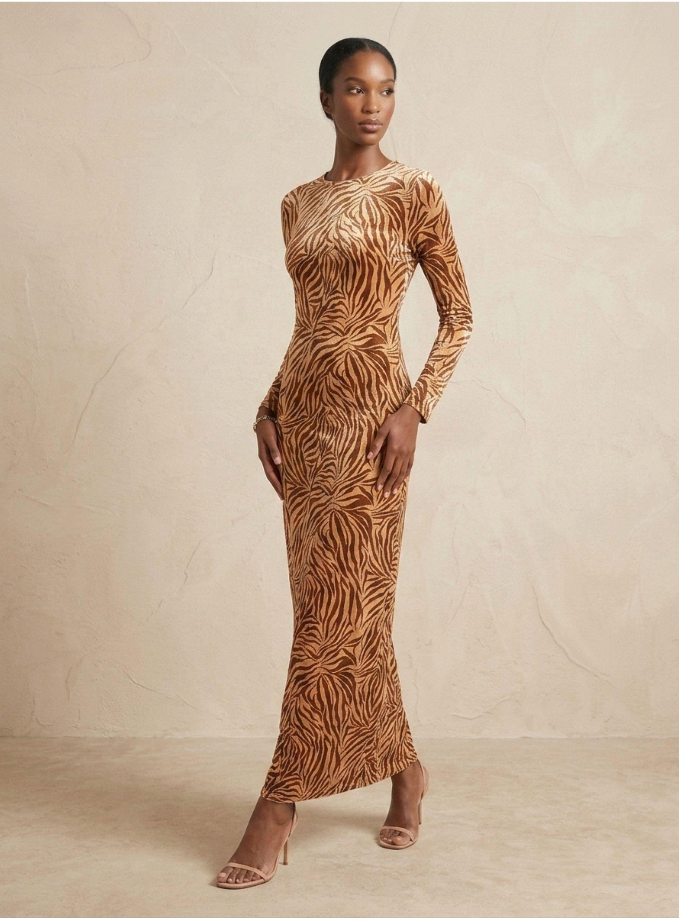 Vestido Largo de Terciopelo Devoré Animal Print Sahara Café Tono Arena-2