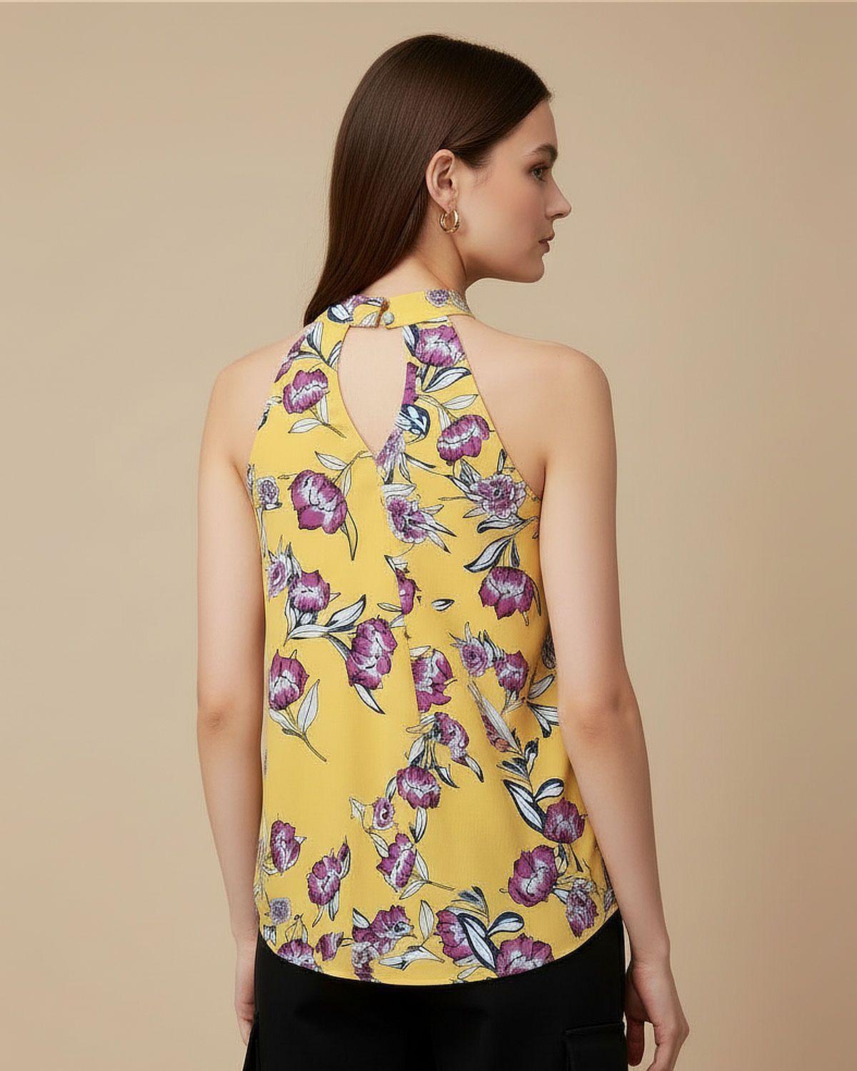 Blusa Amarilla Cuello Halter con Estampado Floral Púrpura Valentina-2