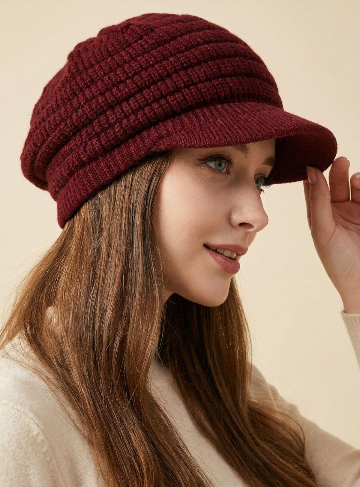 Gorro de Lana Texturizada con Visera Boina Rojo Borgoña-0