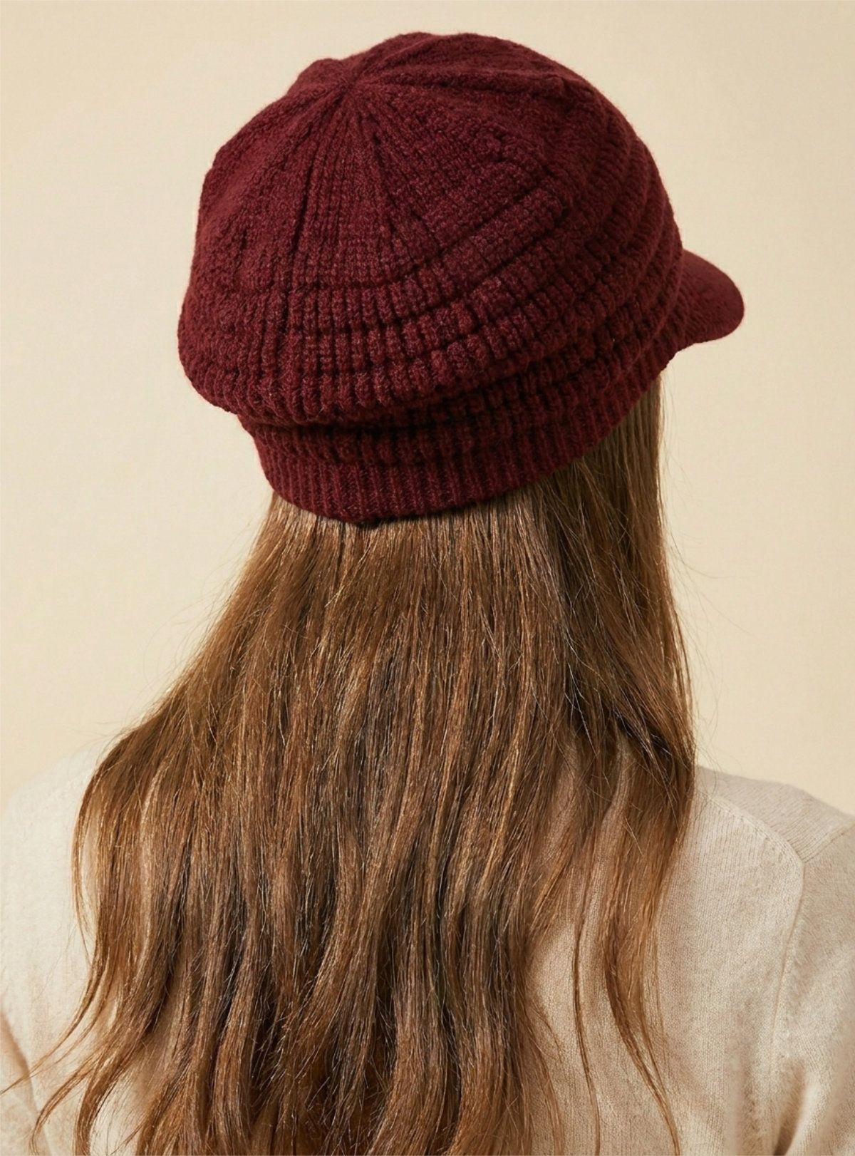 Gorro de Lana Texturizada con Visera Boina Rojo Borgoña-2