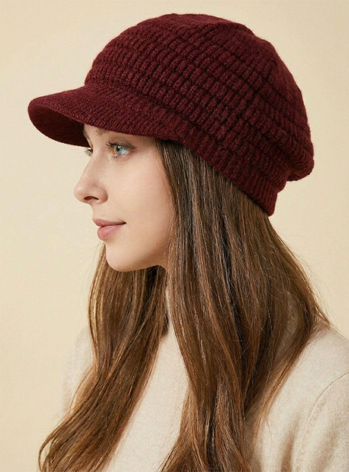 Gorro de Lana Texturizada con Visera Boina Rojo Borgoña-3