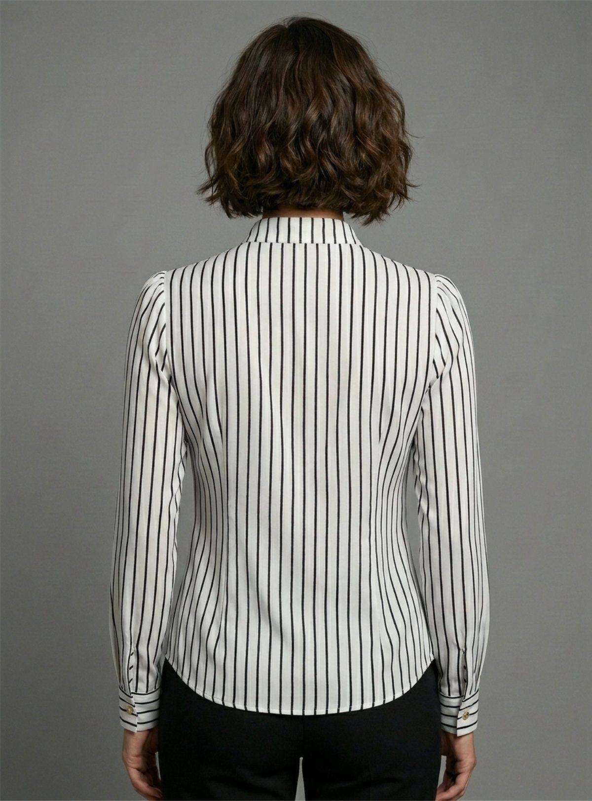 Blusa de Mujer Rayas Verticales con Cuello Mao - Camisa Oficina Blanco Negro-3