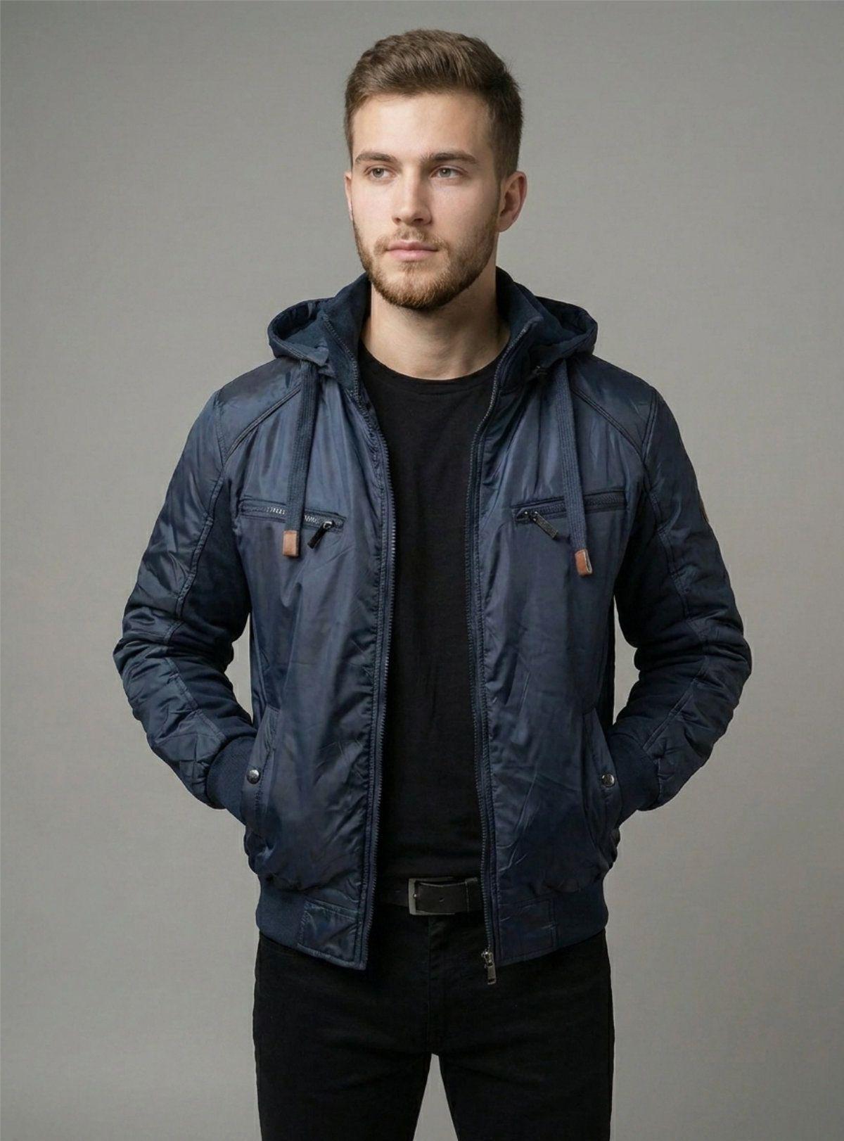Chaqueta Bomber Minimalista con Capucha - Azul Navy-3