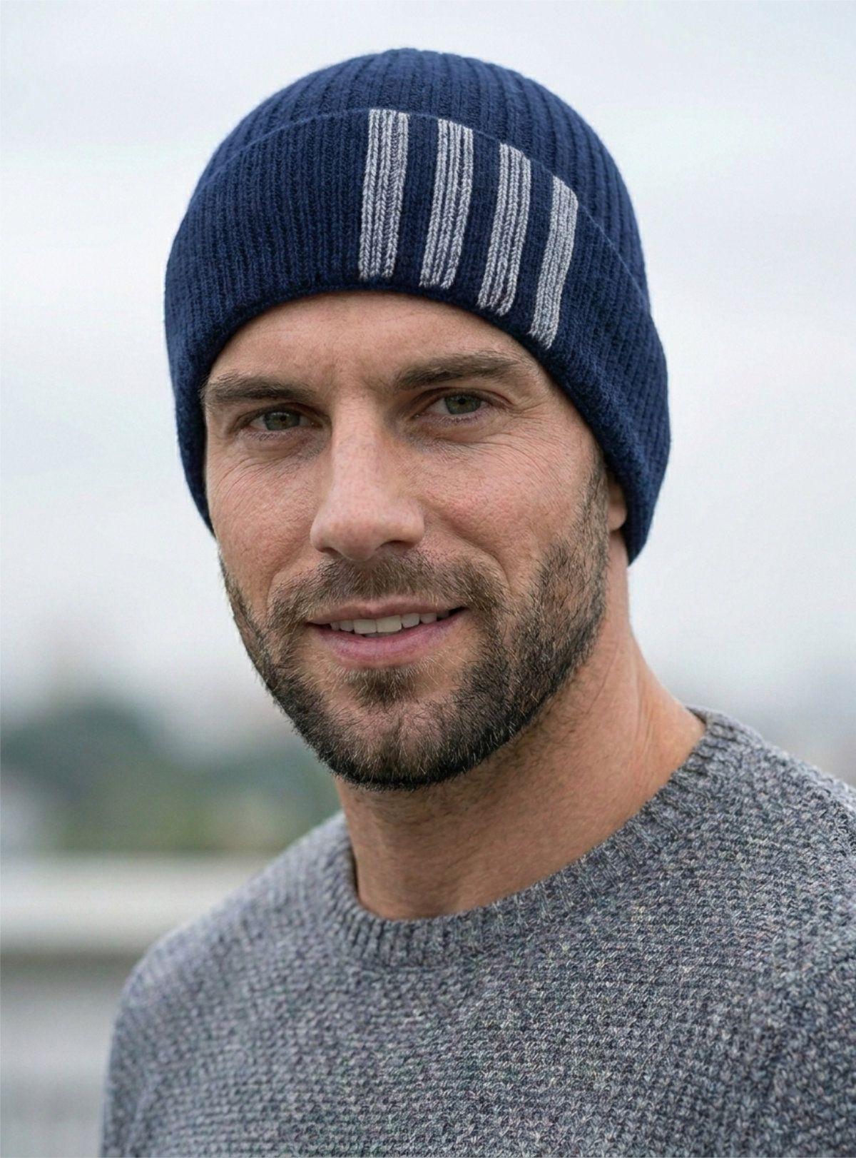 Gorro de Lana Azul Marino con Detalles de Rayas Grises para Hombre 4L-1