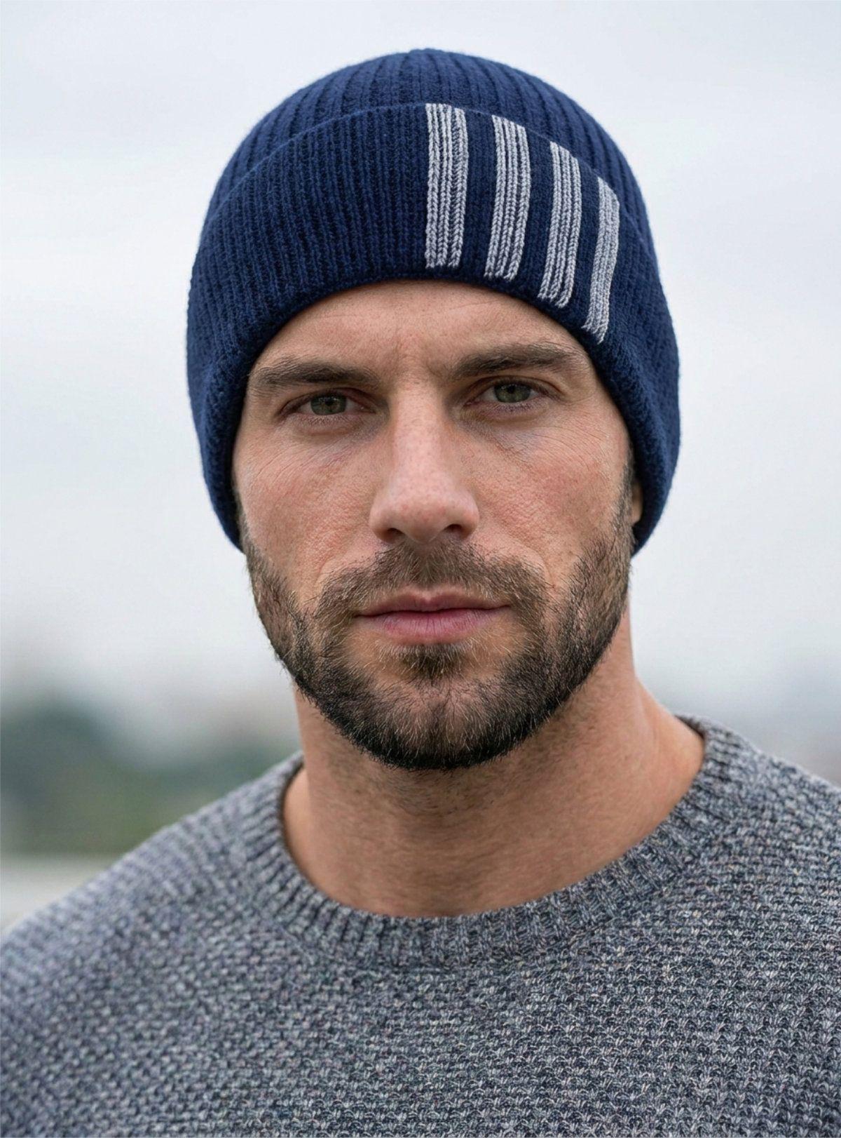 Gorro de Lana Azul Marino con Detalles de Rayas Grises para Hombre 4L-3