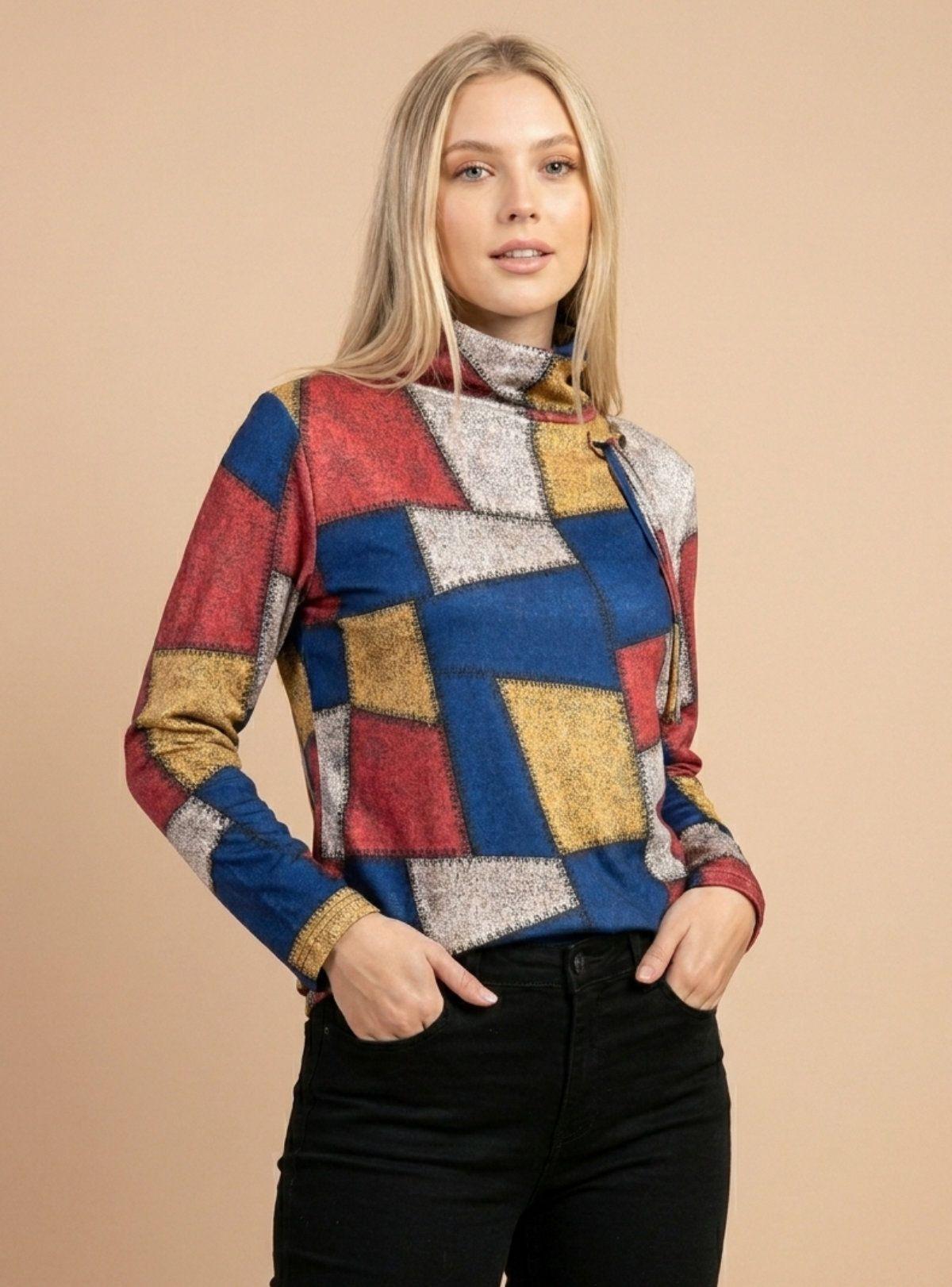 Blusa Polera de Invierno Patchwork Sudadera Polar Mujer | Cuello alto-3