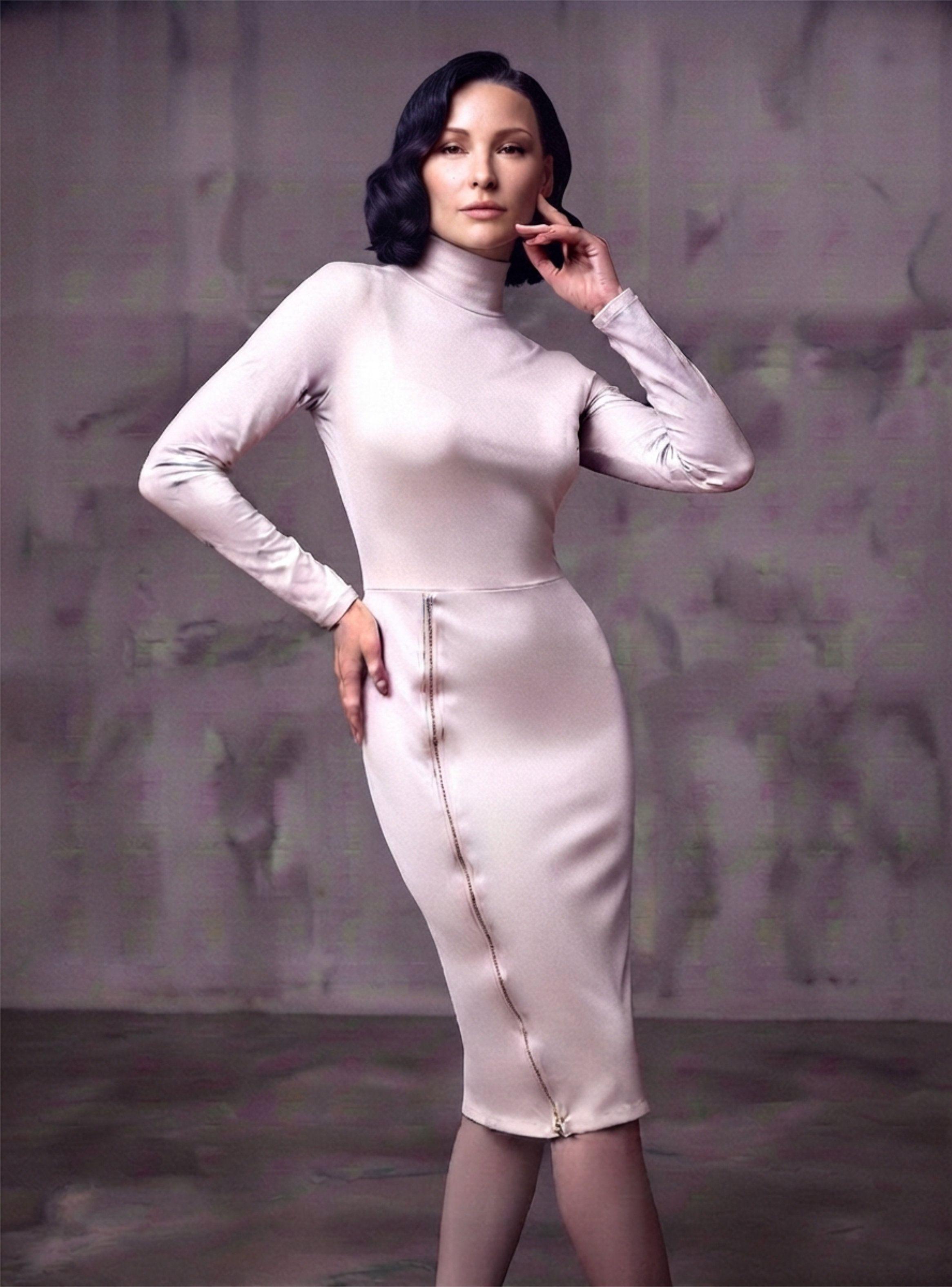 Vestido Midi de Manga Larga con Cuello Alto y Cierre Lateral Champagne-3