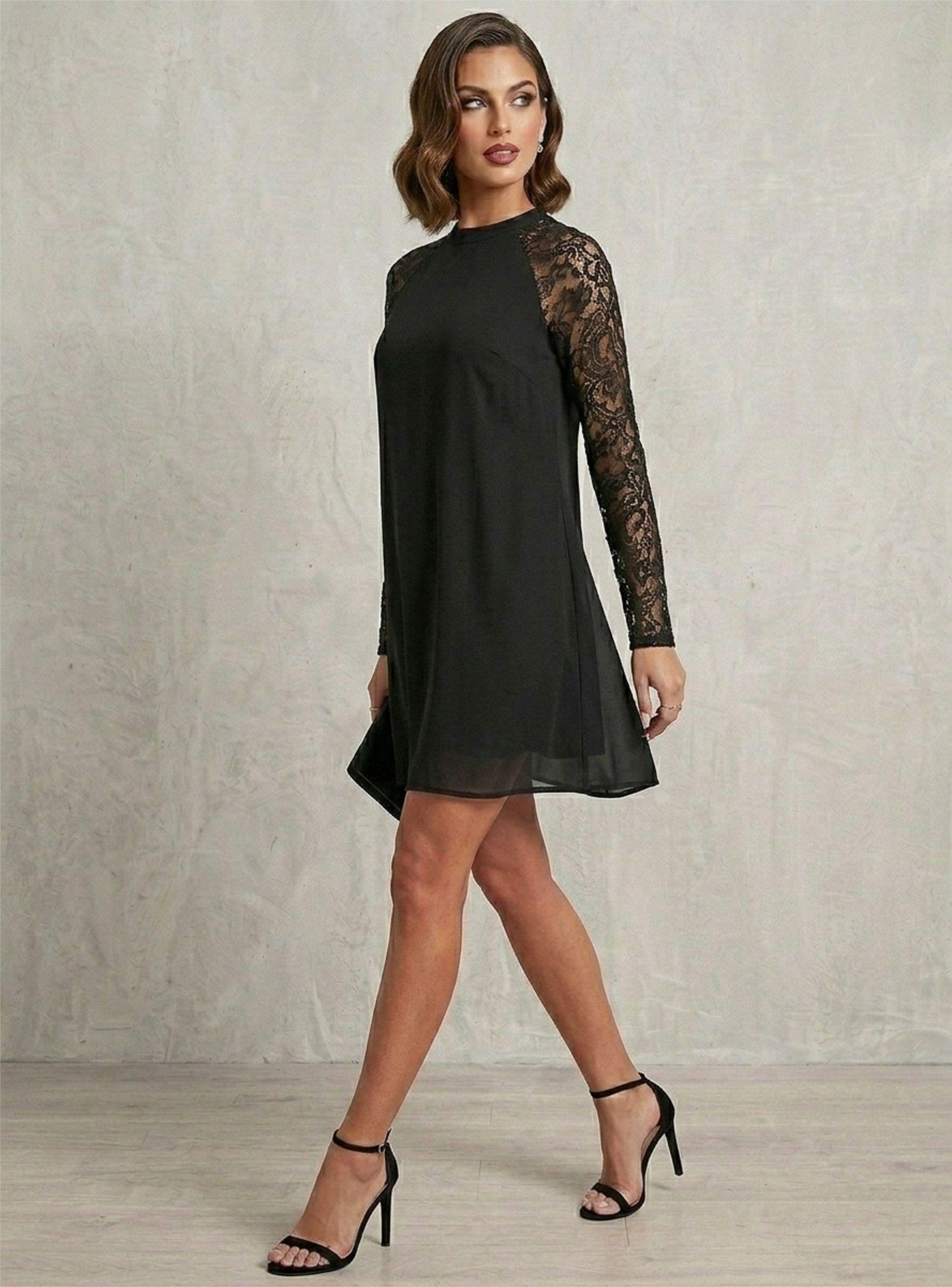 Vestido Corto Negro con Mangas de Encaje y Cuello Halter VÉLIA-1