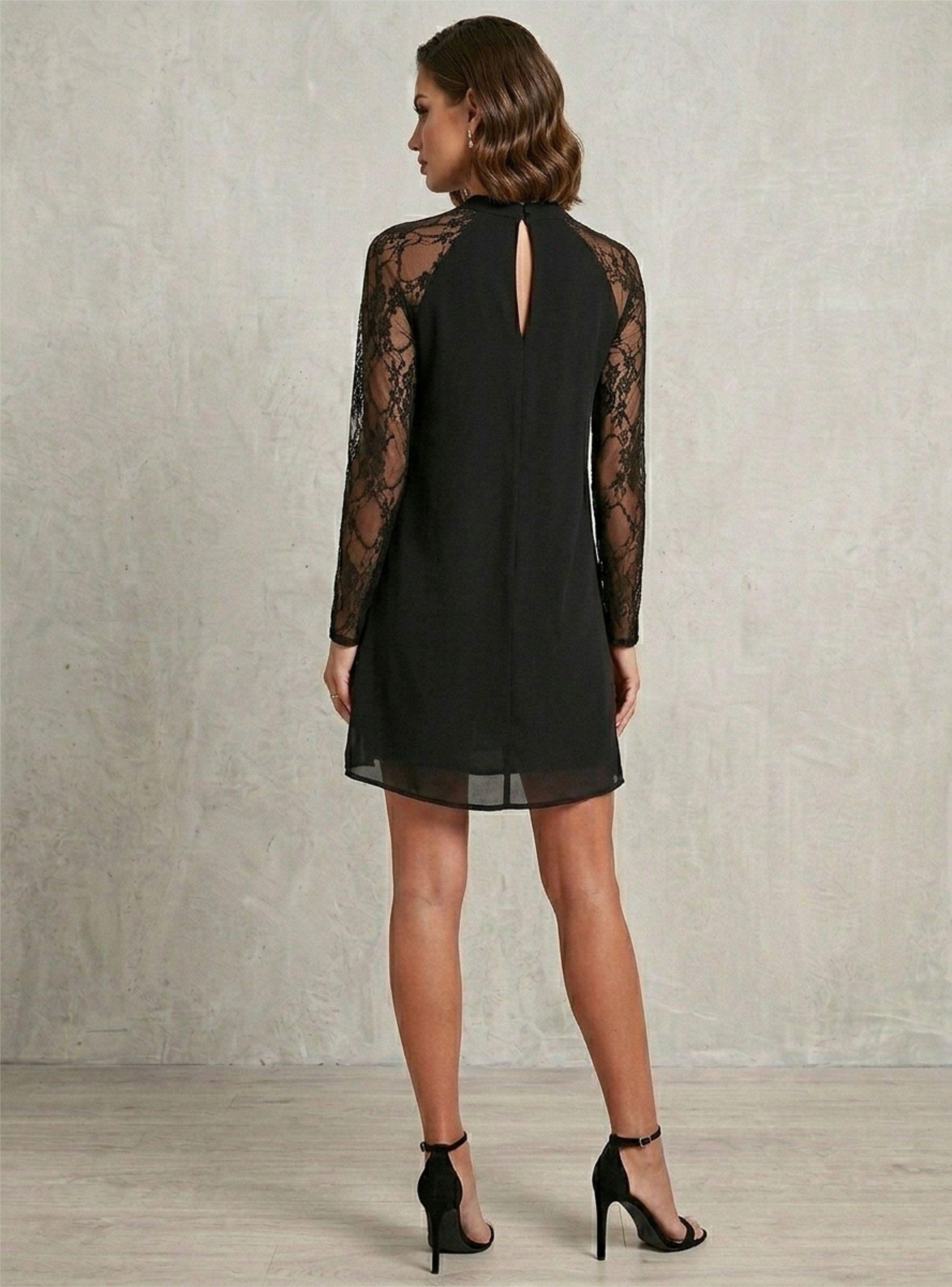 Vestido Corto Negro con Mangas de Encaje y Cuello Halter VÉLIA-2