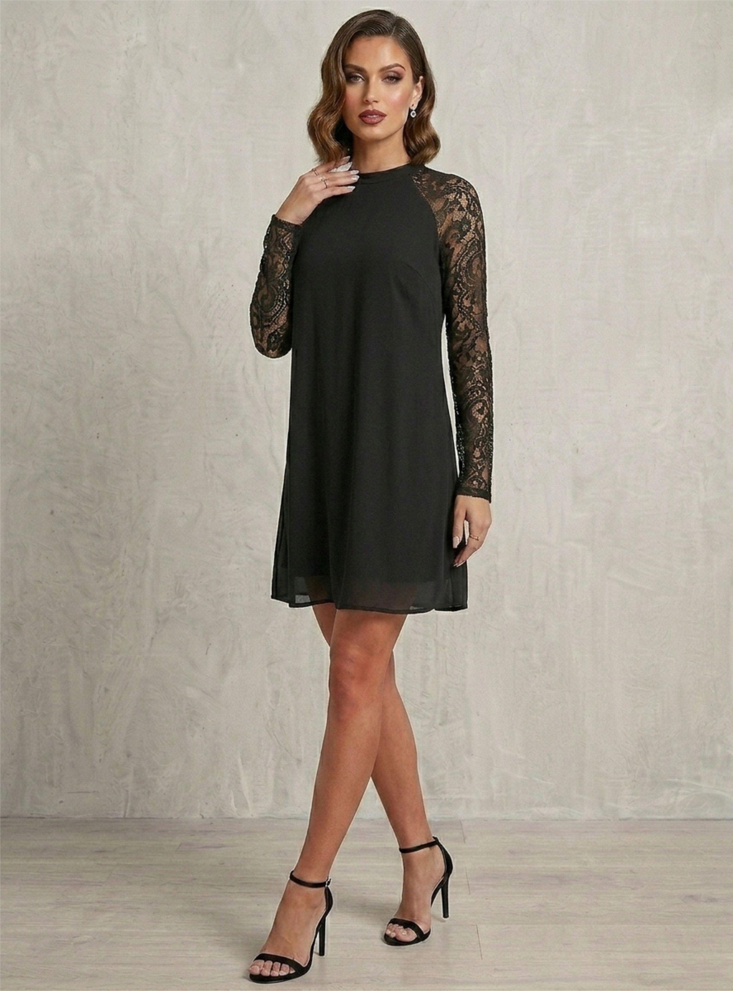Vestido Corto Negro con Mangas de Encaje y Cuello Halter VÉLIA-3