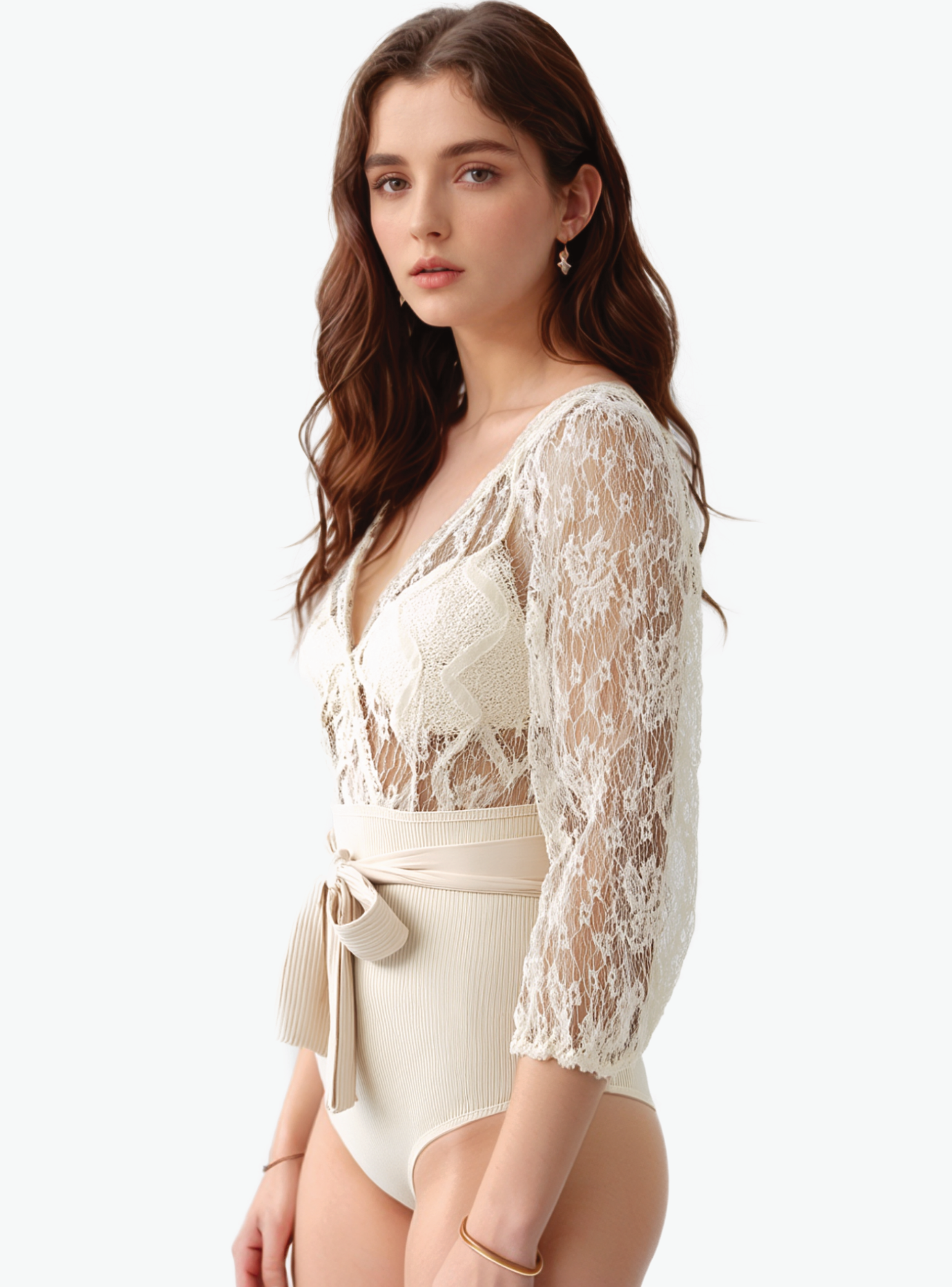Traje de Baño completo una pieza Encaje V Beige-0