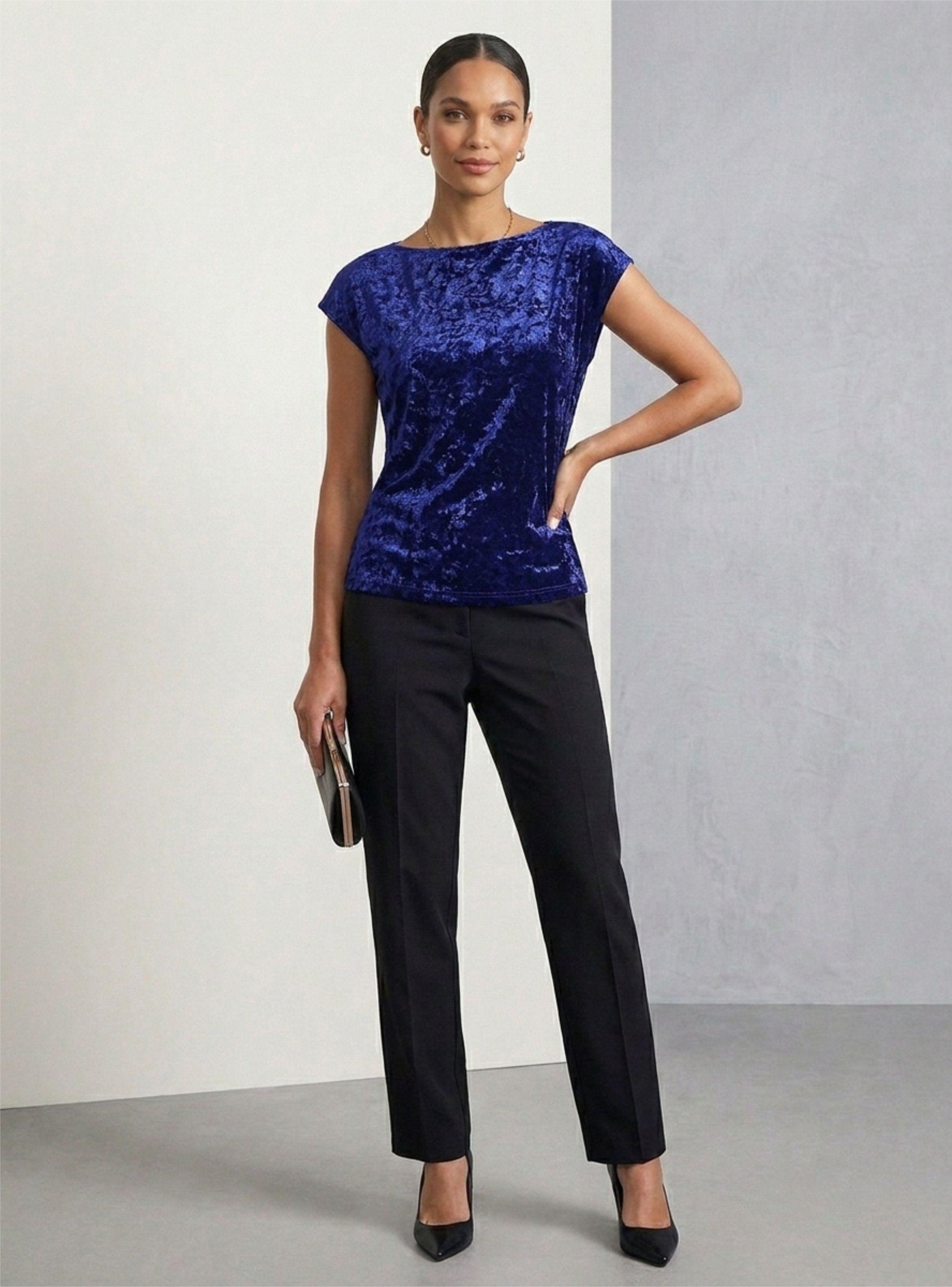 Blusa de Terciopelo Devoré Azul Efecto Texturizado y Manga Corta-3