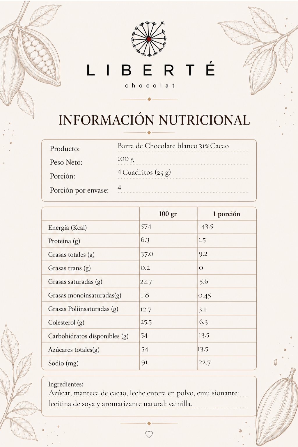 Barra de Chocolate Blanco 31 cacao 100 g-2