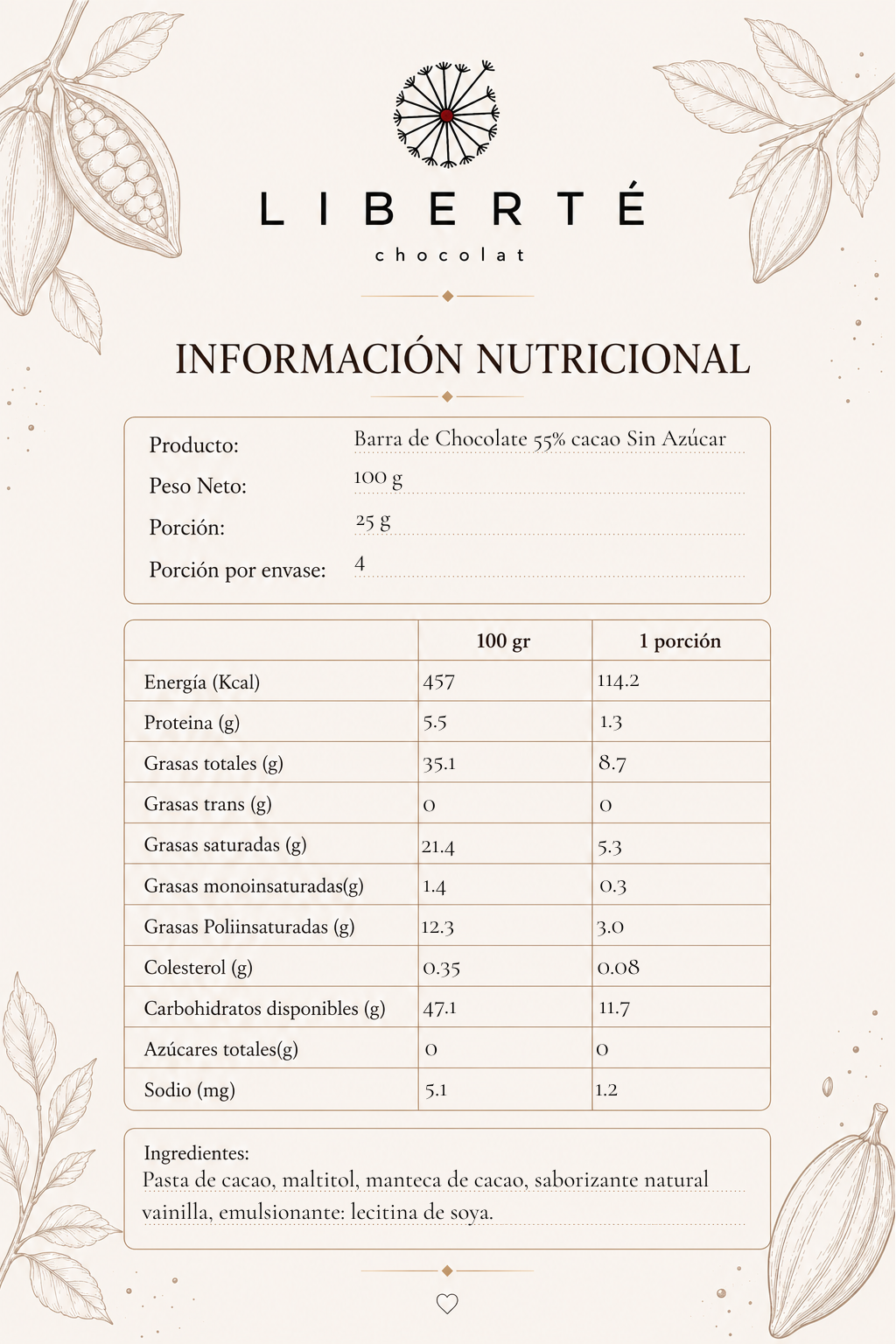 Barra Sin Azúcar de Chocolate Semi Amargo 55 Cacao 100 g-2