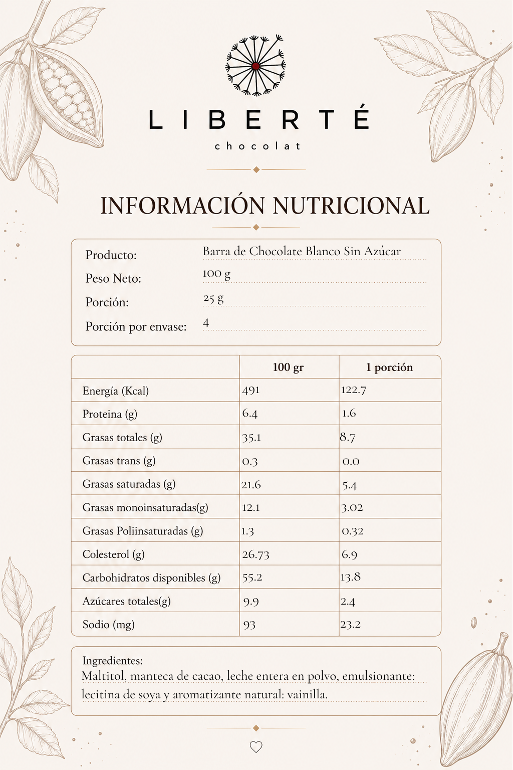 Barra Sin Azúcar De Chocolate Blanco 100 g-2