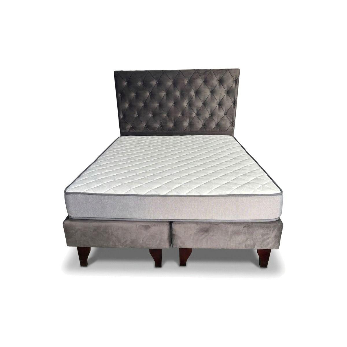 Cama Europea con respaldo capitone Niseth tela felpa color gris 2 plazas colchón 21 cm-0
