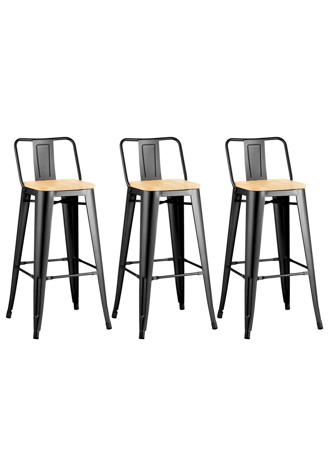 Pack 3 Sillas Piso Bar Taburete Metal y Madera-0