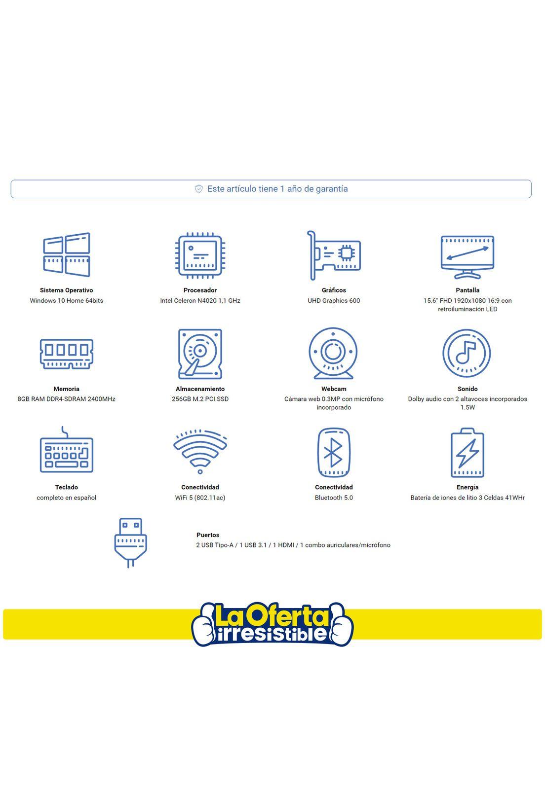 Notebook Lenovo Dual Core 15,6 8gb 256gb W10 Teclado Español-2