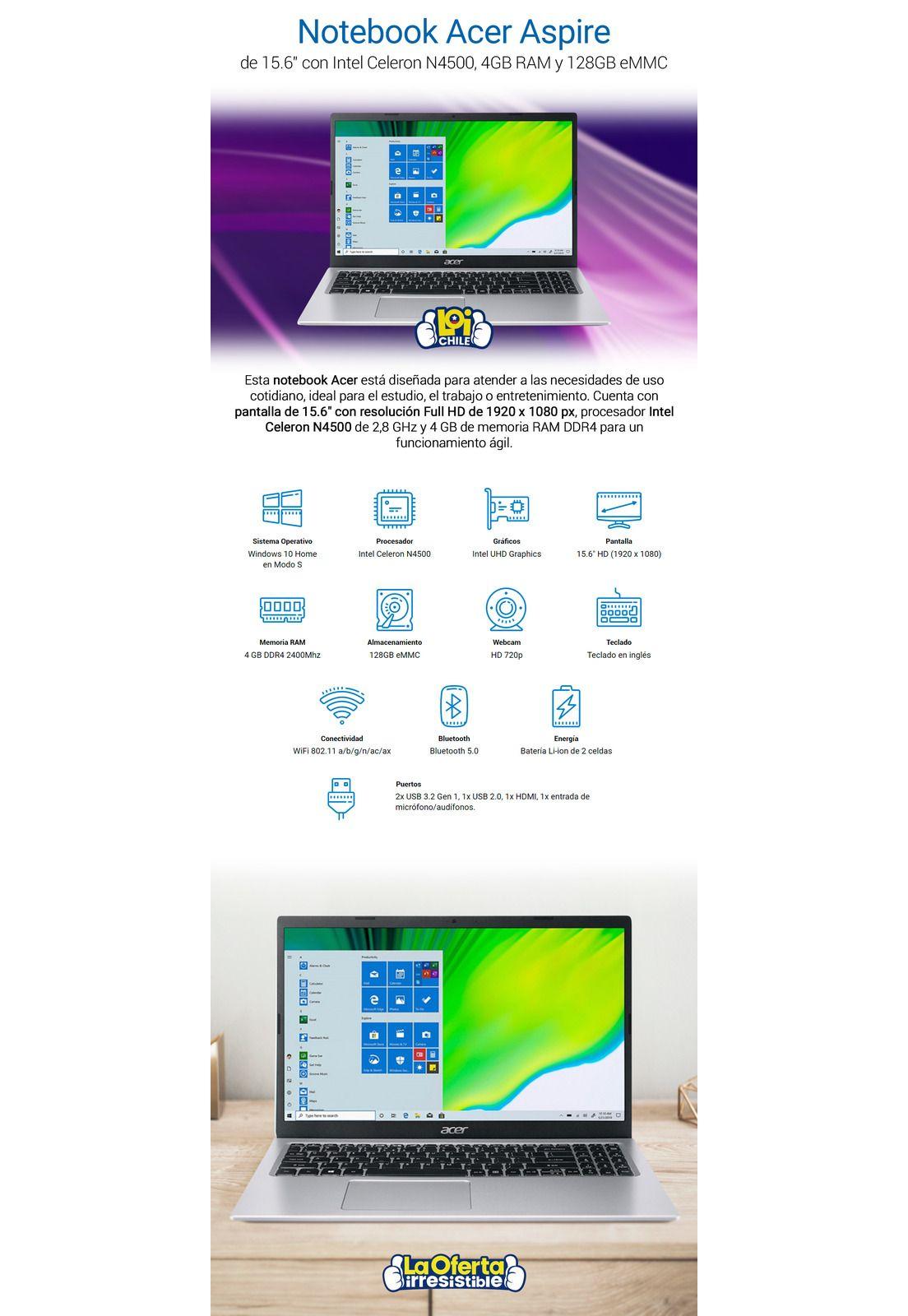 Notebook Acer Intel Celeron 4Gb 128Gb 15.6' Win10-5