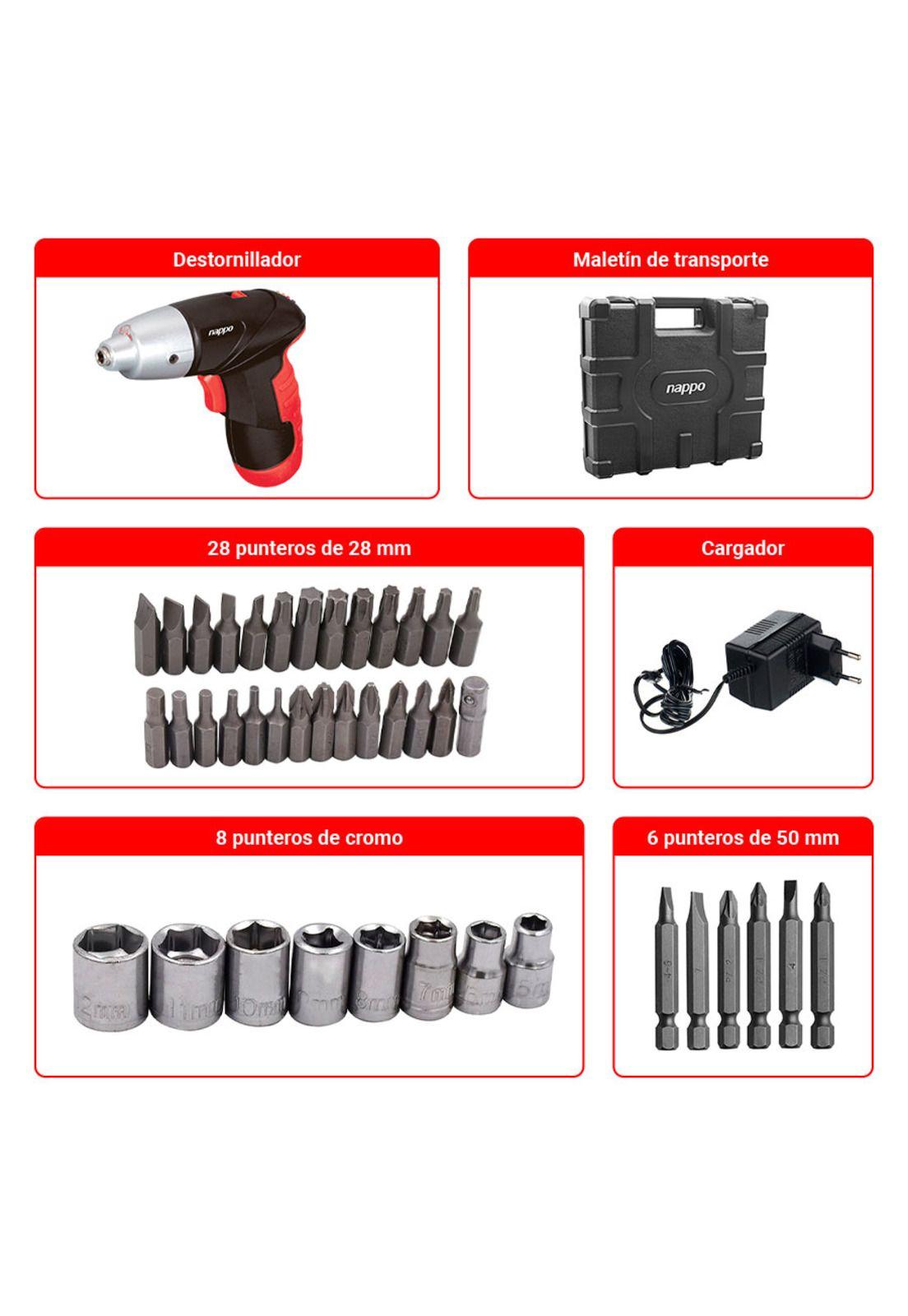 Destornillador Inalámbrico 4.8v Nappo 45 Accesorios Maletín-1