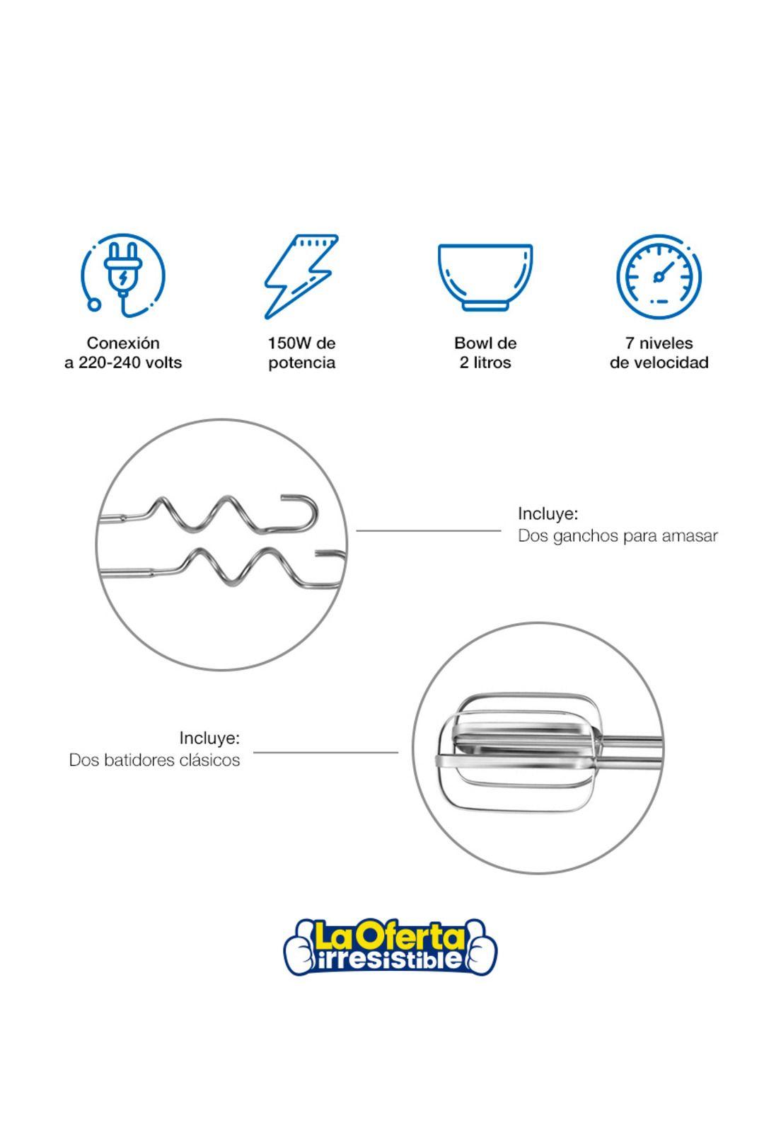 Batidora Manual Nappo 7 Velocidades Eyector Bowl Acero Inoxidable 2L-3