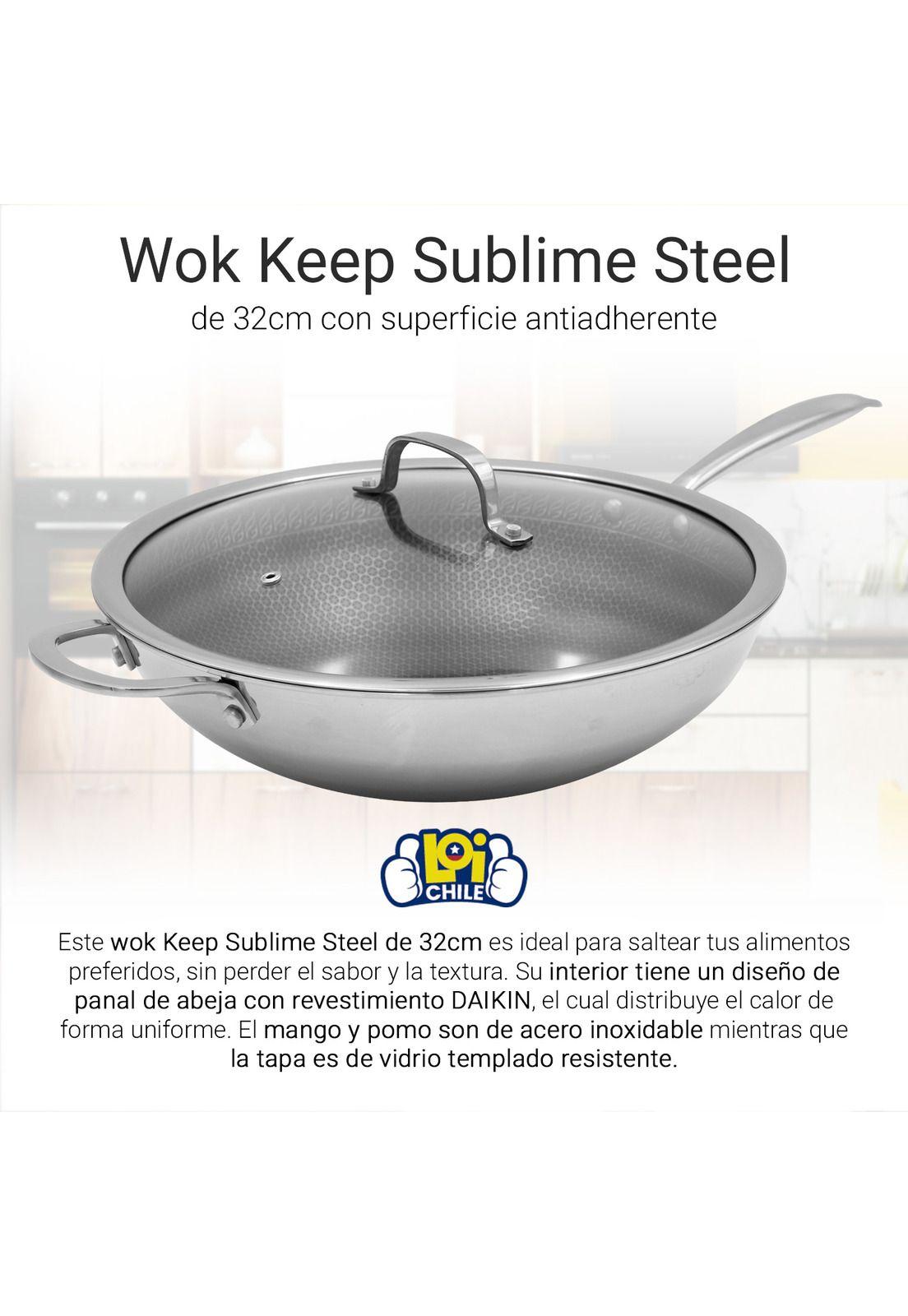 Wok Antiadherente con Tapa Keep Acero Inox Cocina 32cm-1