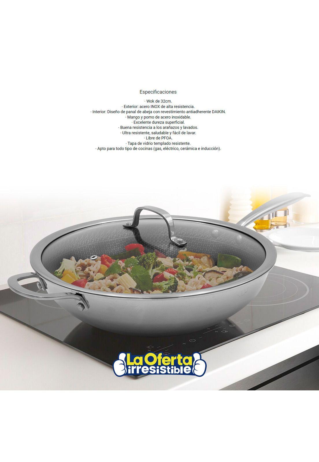 Wok Antiadherente con Tapa Keep Acero Inox Cocina 32cm-2