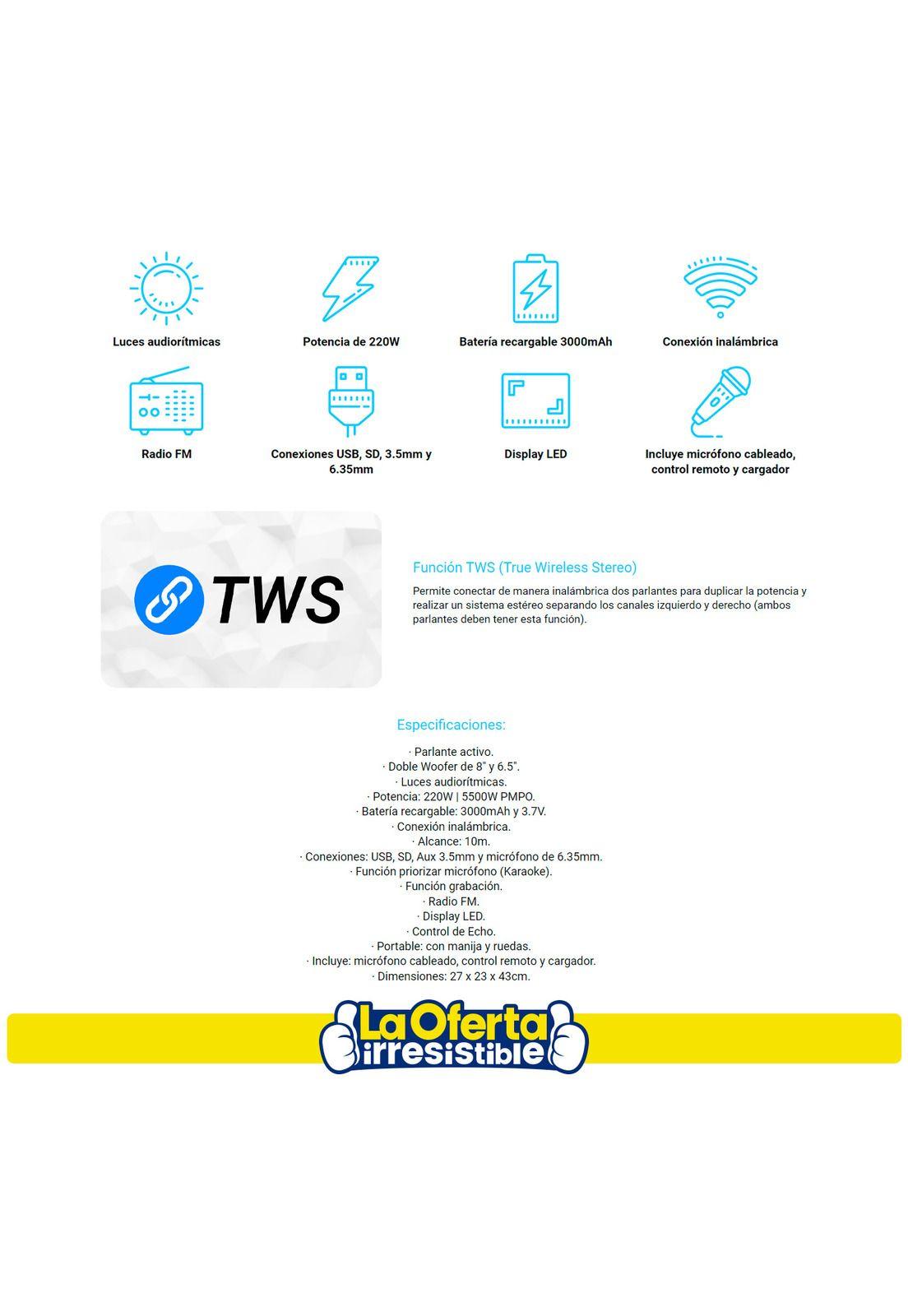 Parlante Bluetooth 8" Kolke Cromos Led TWS 220W Con Radio FM-2