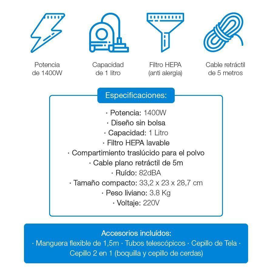 Aspiradora Nappo 1 Litro 1400w Filtro Hepa Lavable-2