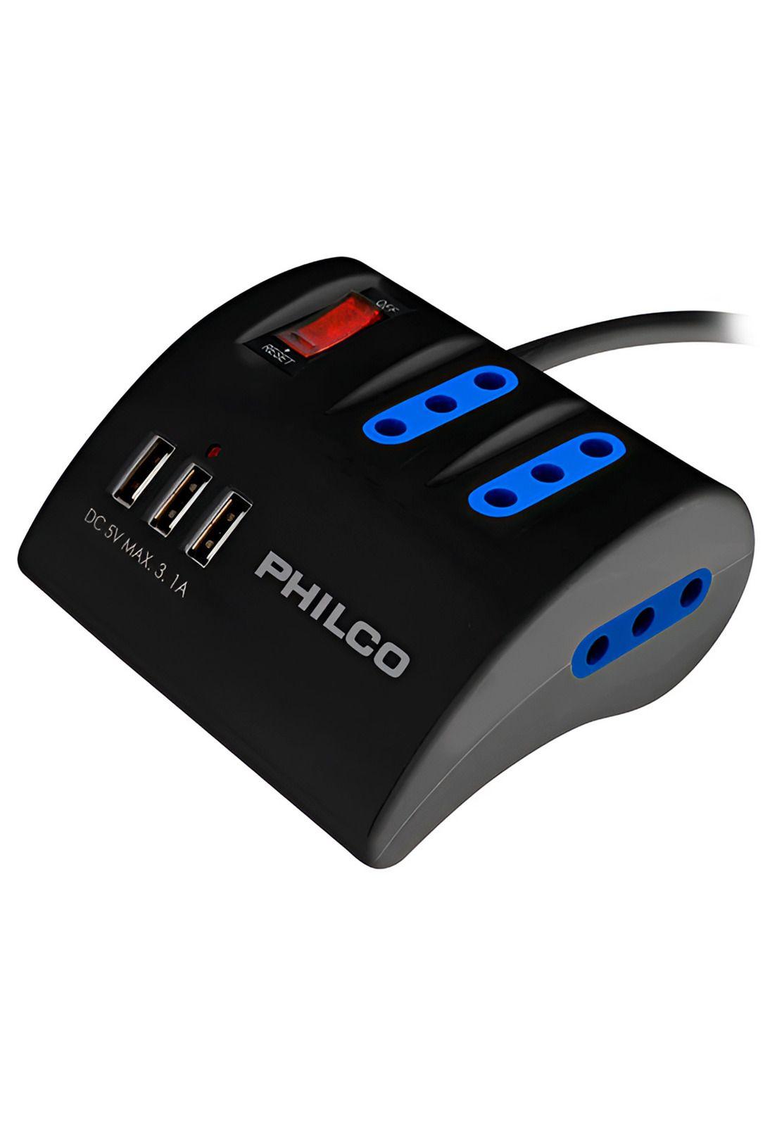 Alargador Escritorio Philco 6 Puertos 220v y USB 3.1 Negro -0