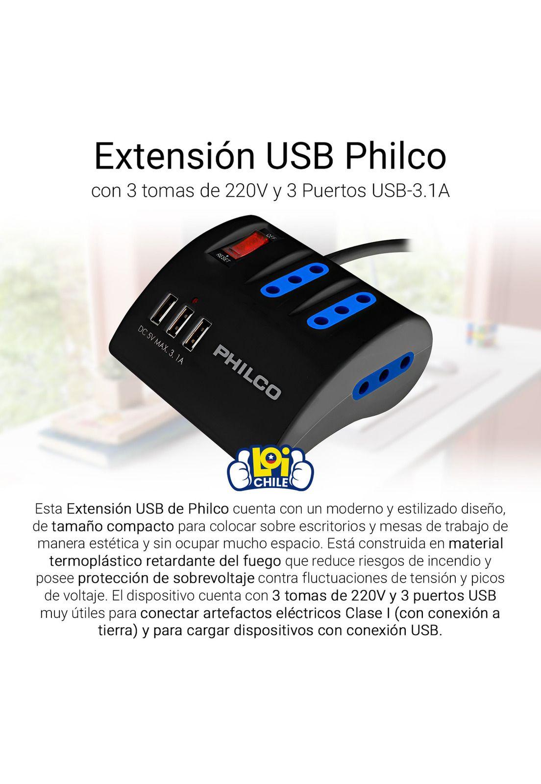 Alargador Escritorio Philco 6 Puertos 220v y USB 3.1 Negro -1