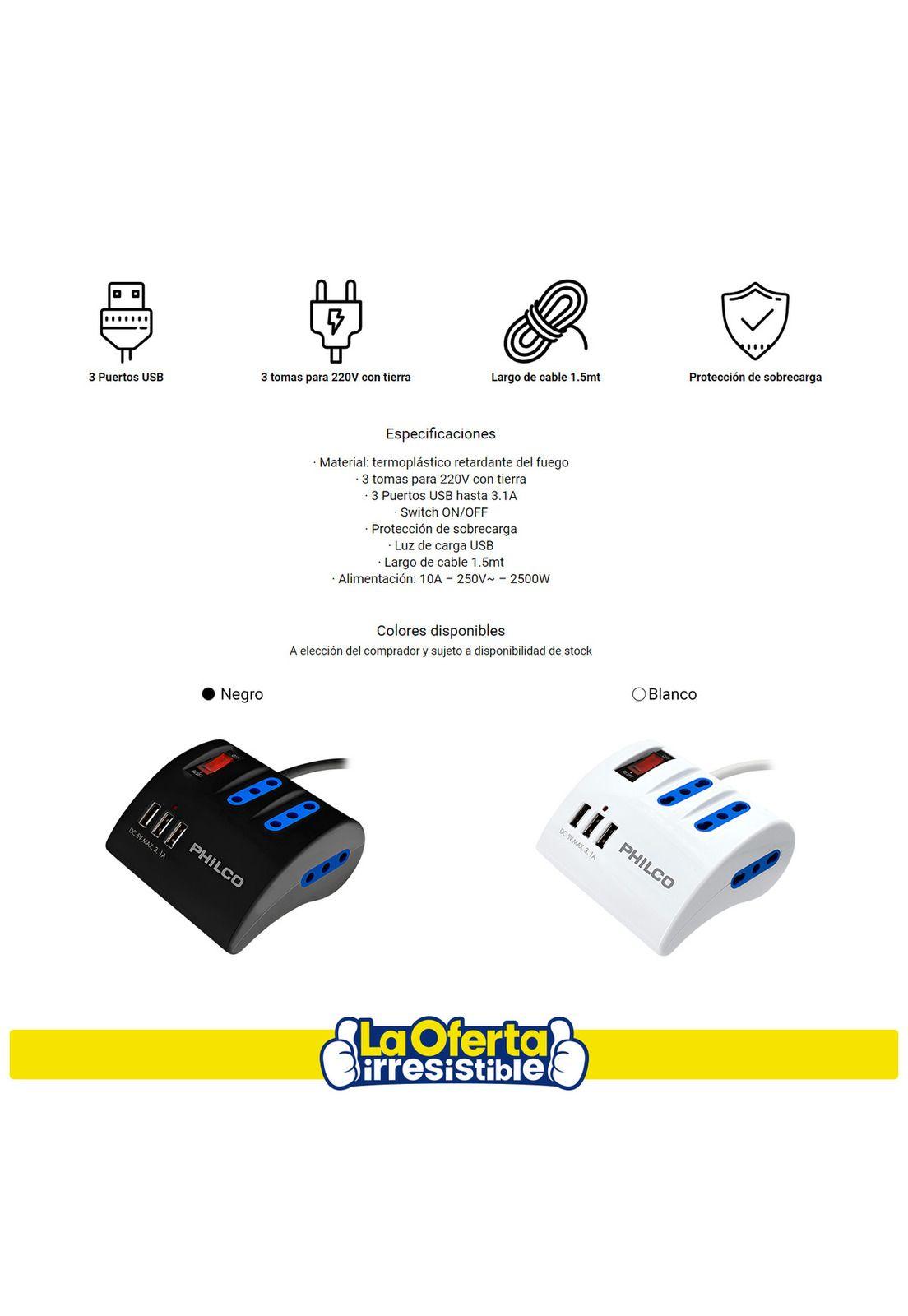 Alargador Escritorio Philco 6 Puertos 220v y USB 3.1 Negro -2