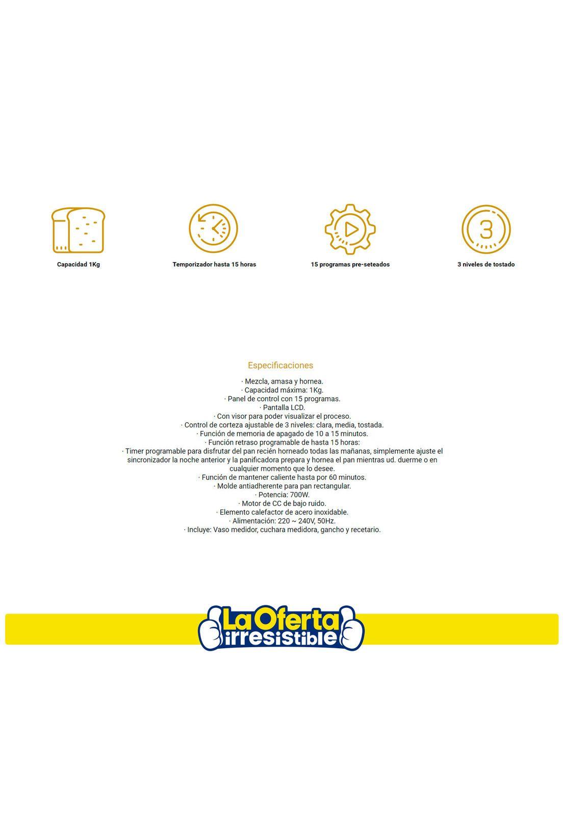 Maquina para hacer pan Nappo 1kg 700w LCD con 15 programas-2