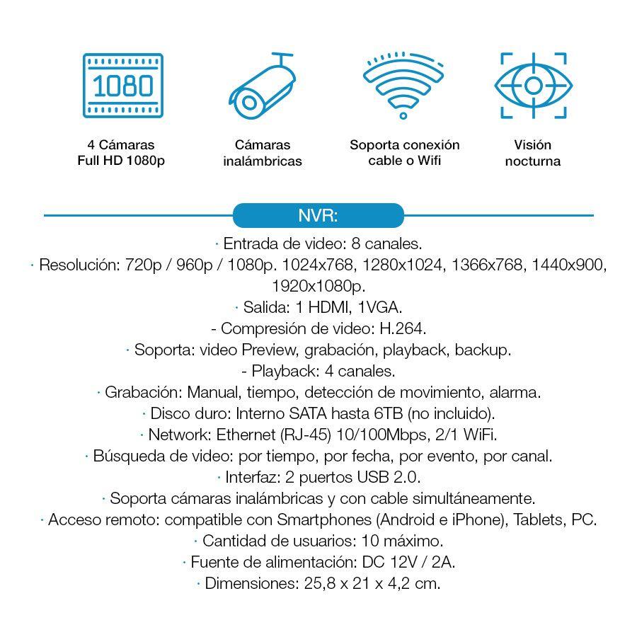 Kit de Seguridad 4 Cámaras 8 Canales WiFi o Cable FullHD 1080p-1