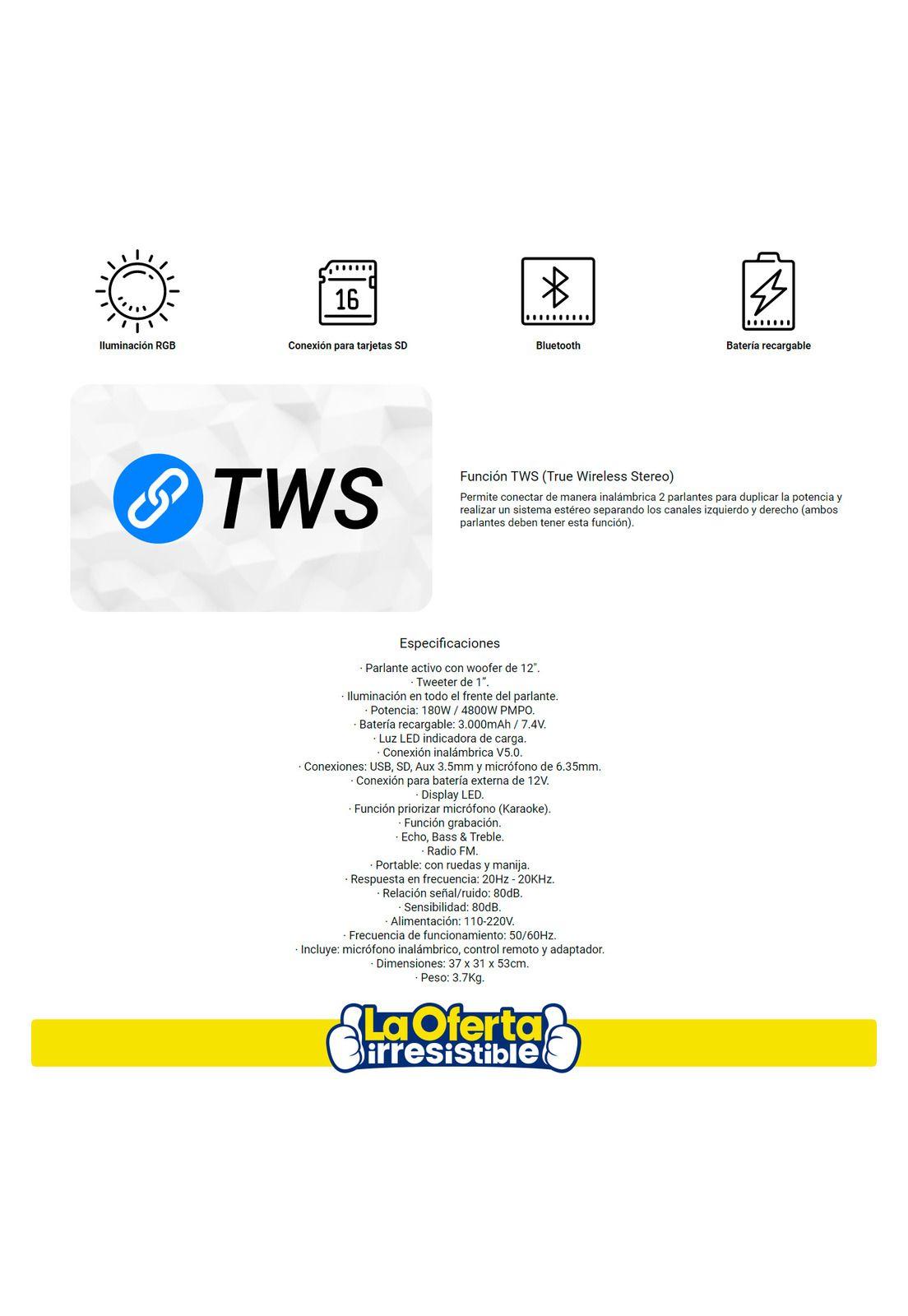 Parlante Bluetooth 12" Kolke Burner Led TWS 180W Radio FM-2