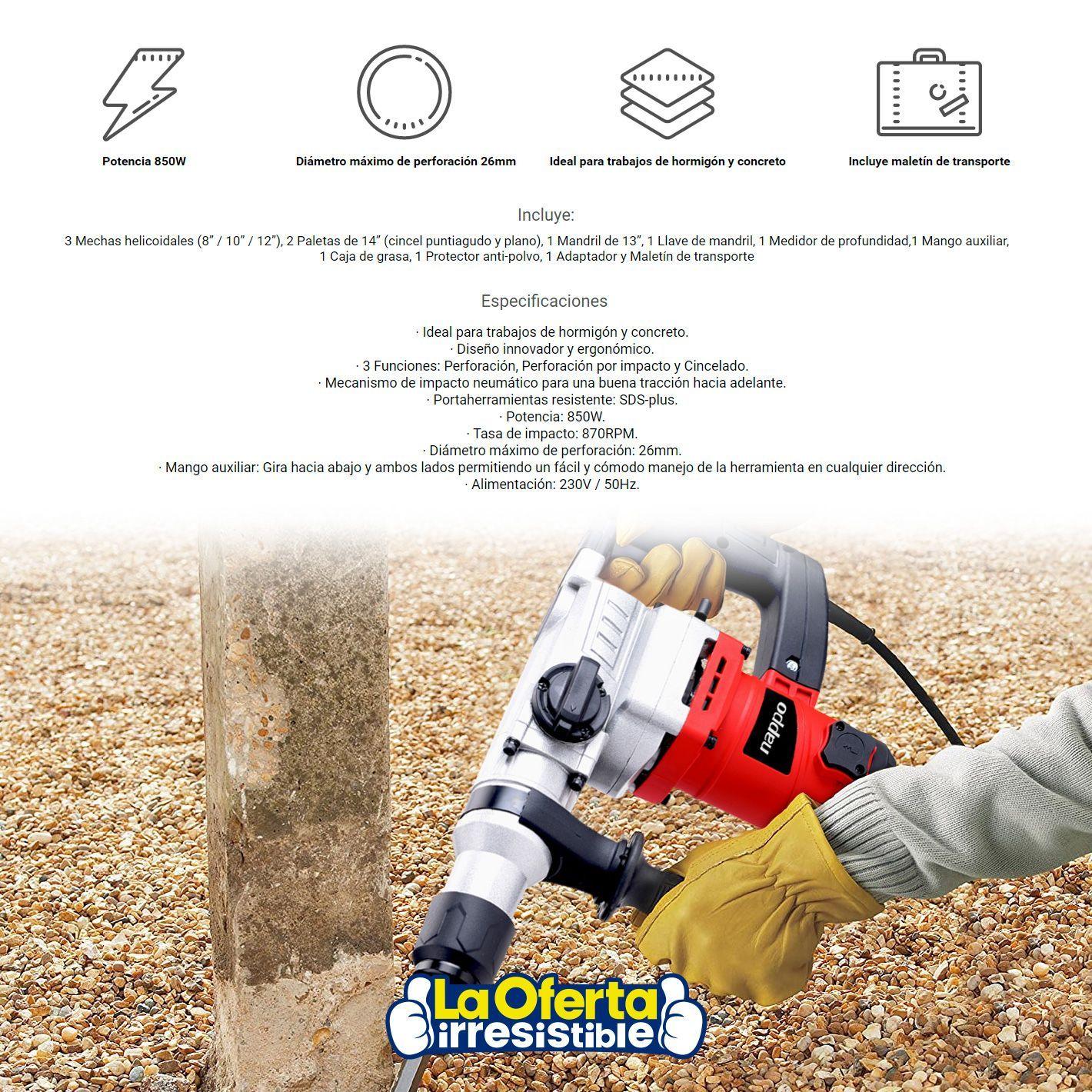 Rotomartillo NAPPO 850W 870RPM 50Hz con Maletín y Accesorios-2