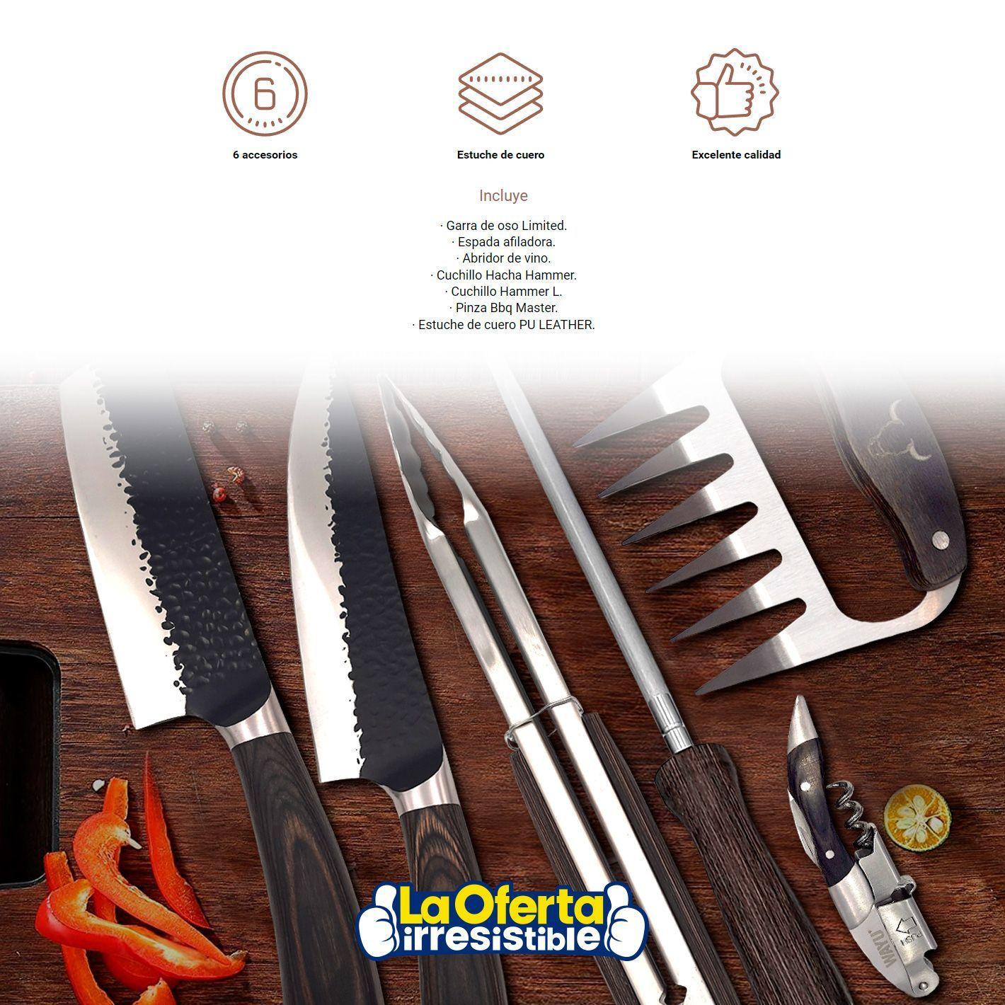 Set Parrillero Asado Profesional Cuero Premium Wayu 6 Piezas-2