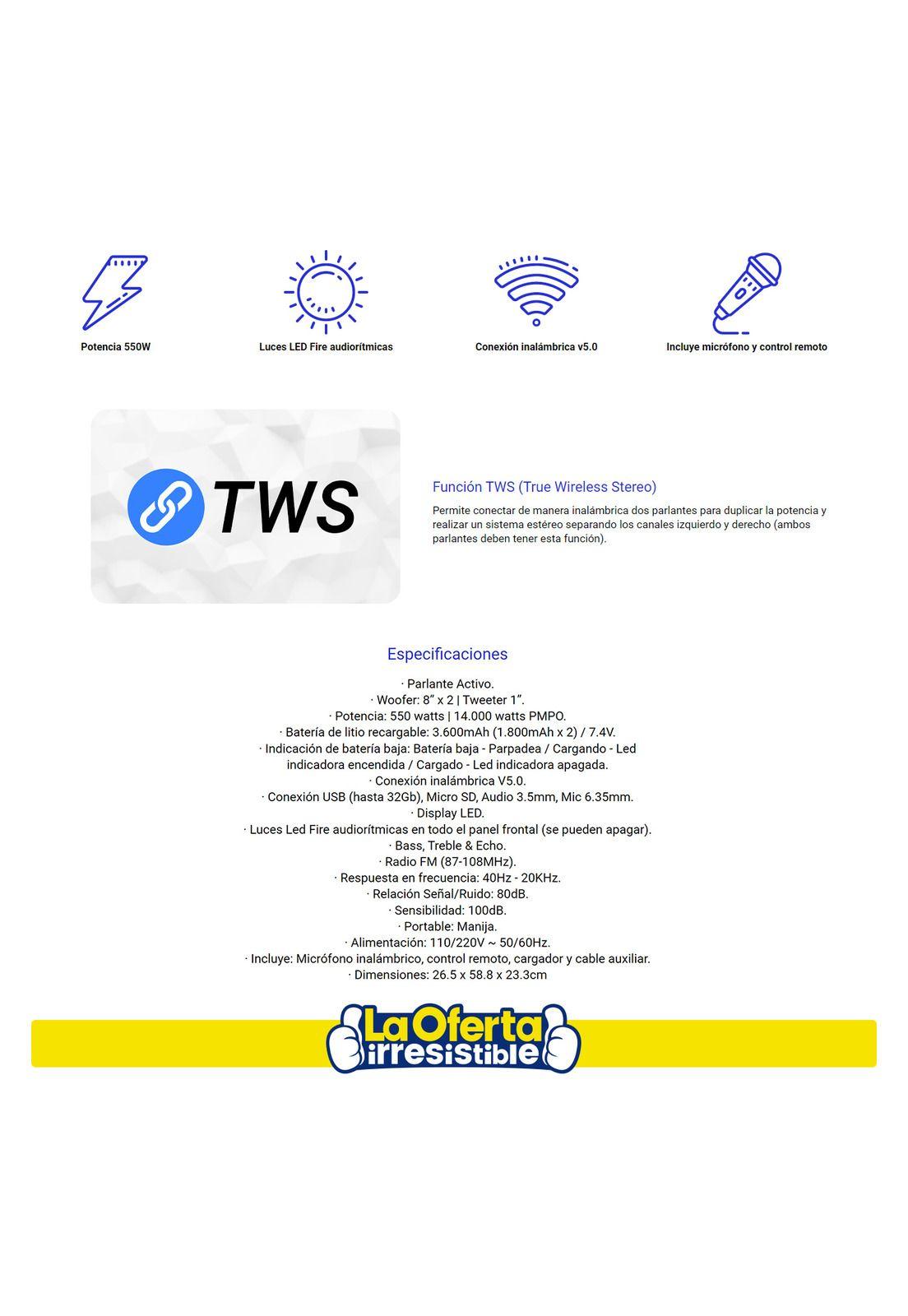 Parlante Bluetooth 8" Kolke Bloom 2 Led TWS 550w Radio FM-2