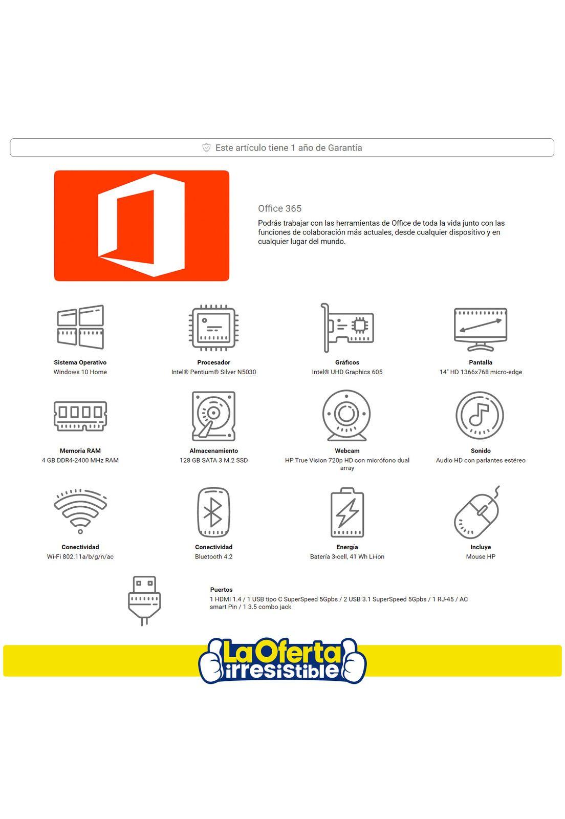 Notebook HP Pentium 4GB 128GB Incluye Office y Mouse 14'-2