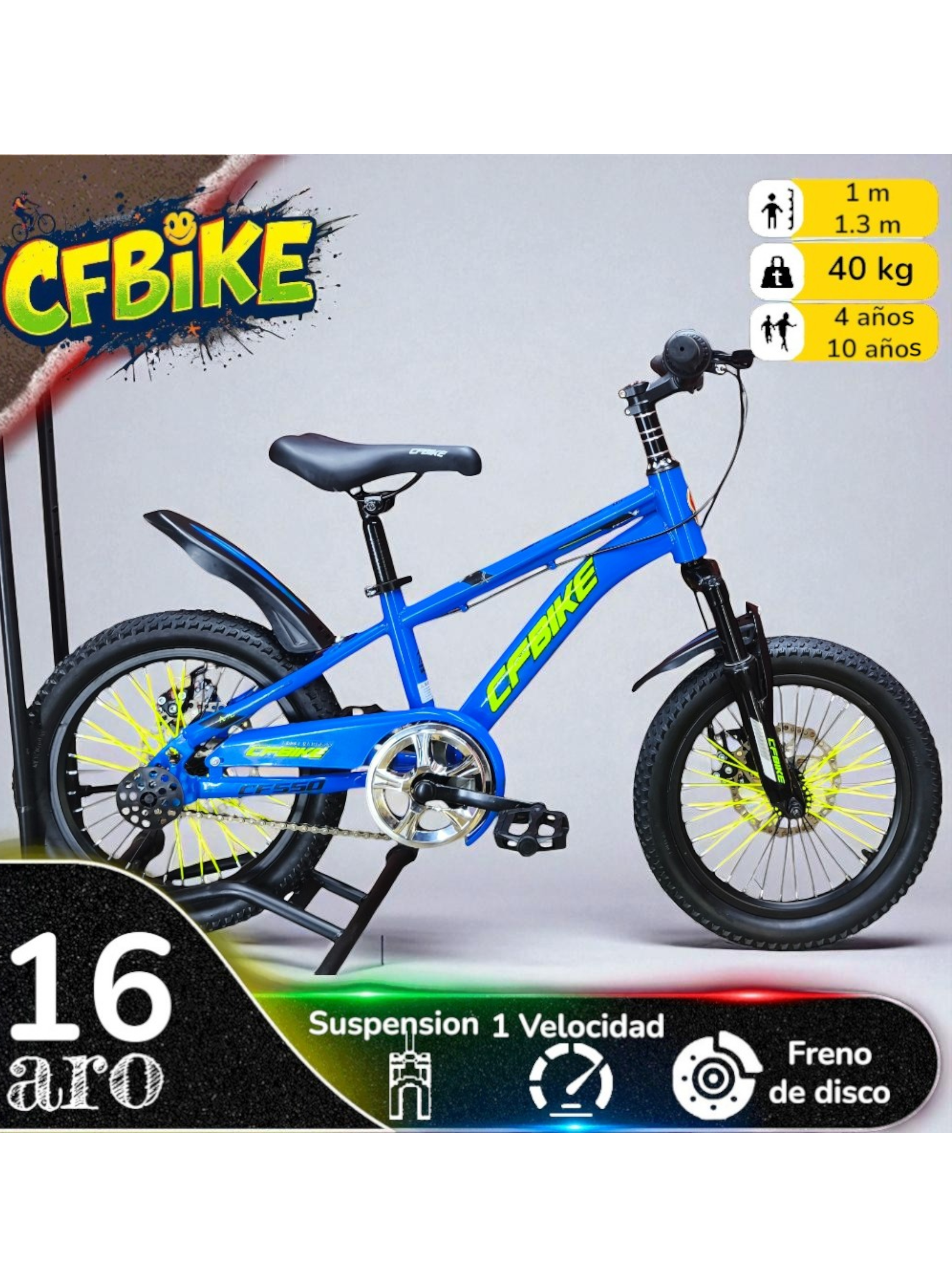 Bicicleta Aro 16 Cfbike Con Freno Disco Azul Log Amarillo-1