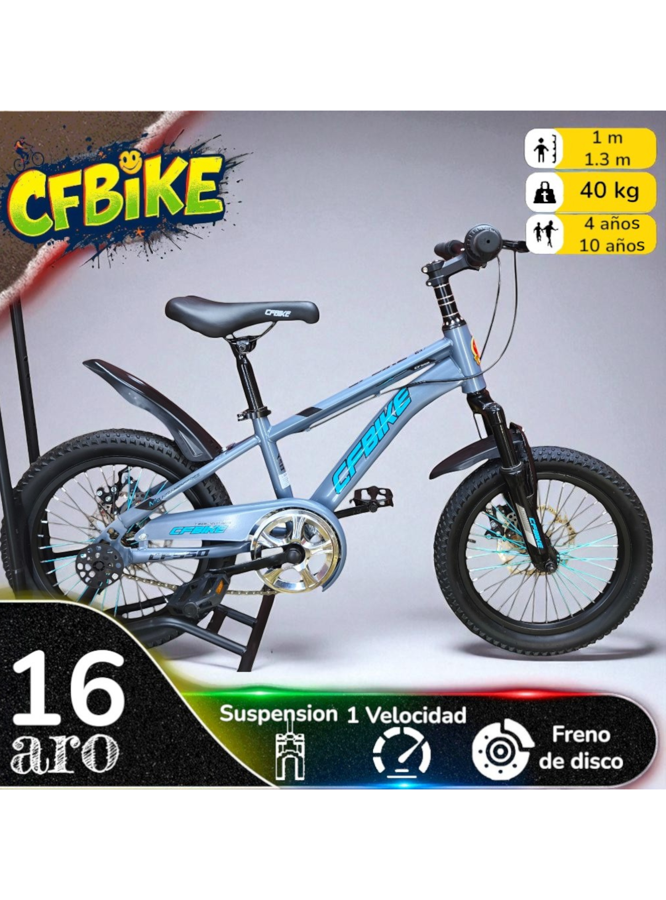 	Bicicleta Aro 16 Cfbike Con Freno Disco Gris Log Celeste-1