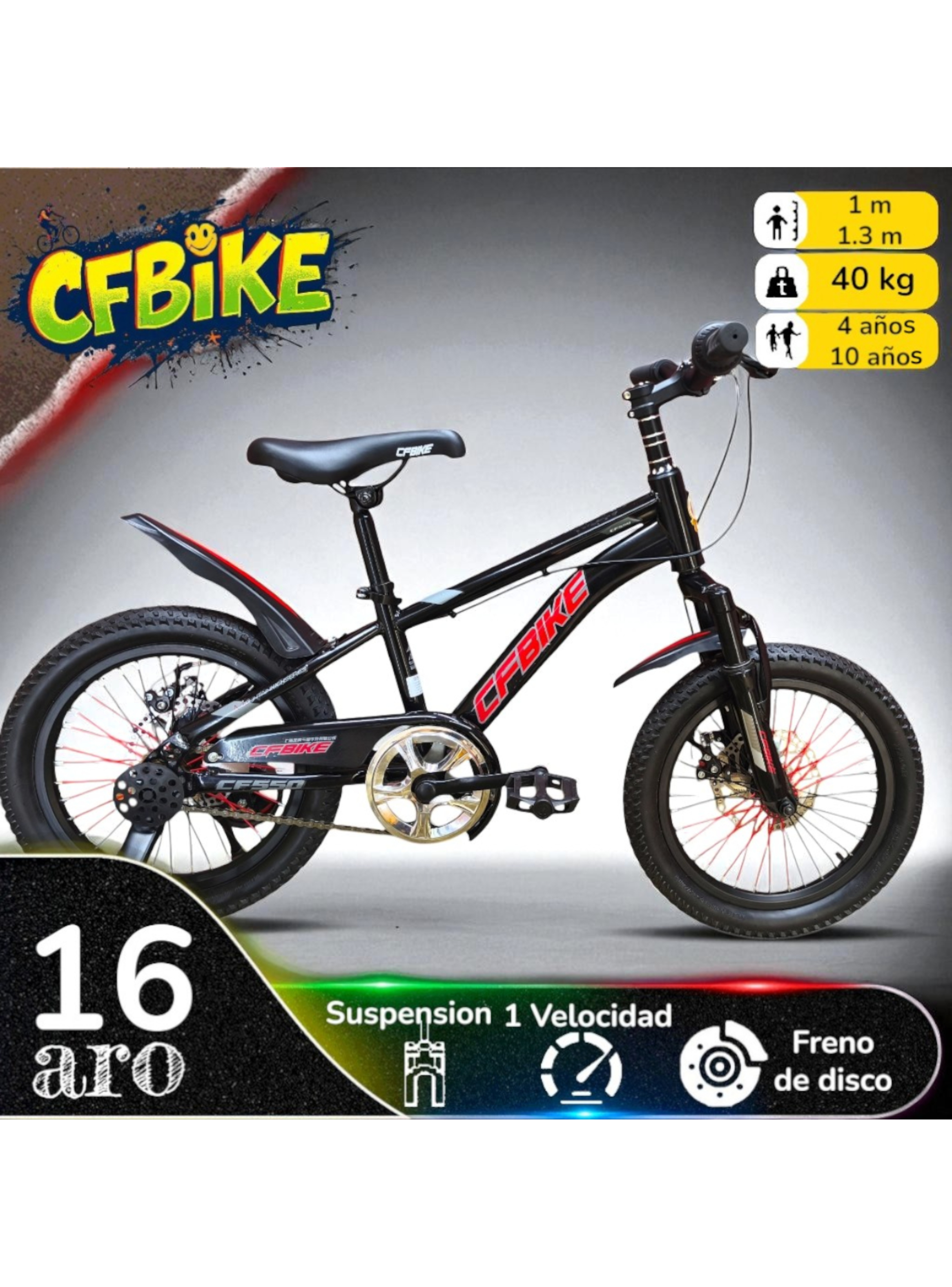 Bicicleta Aro 16 Cfbike Con Disco Negro Log Rojo-1
