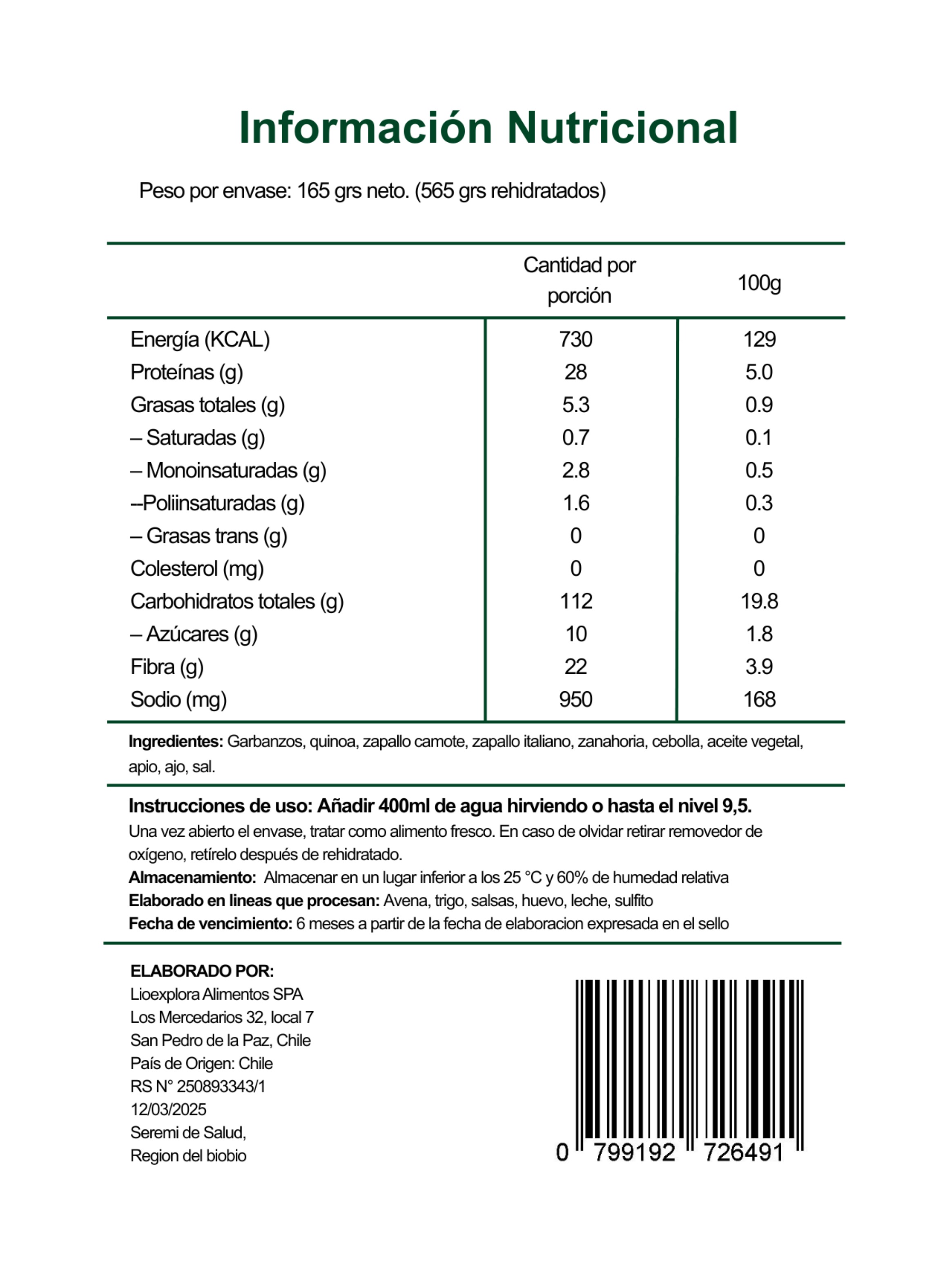 Comida Liofilizada Garbanzos con Quinoa-2