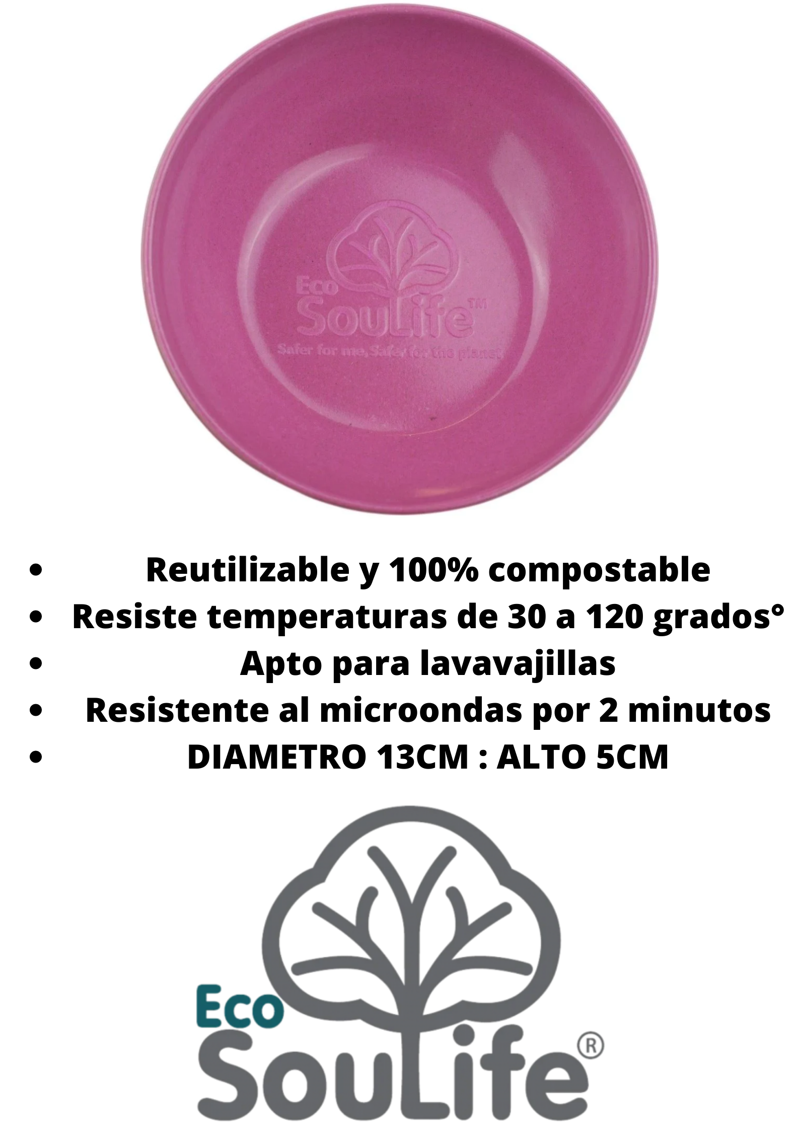  Bowl Ecológico  diametro 13.3 cm, Color Rosado, Cáscara De Arroz-2