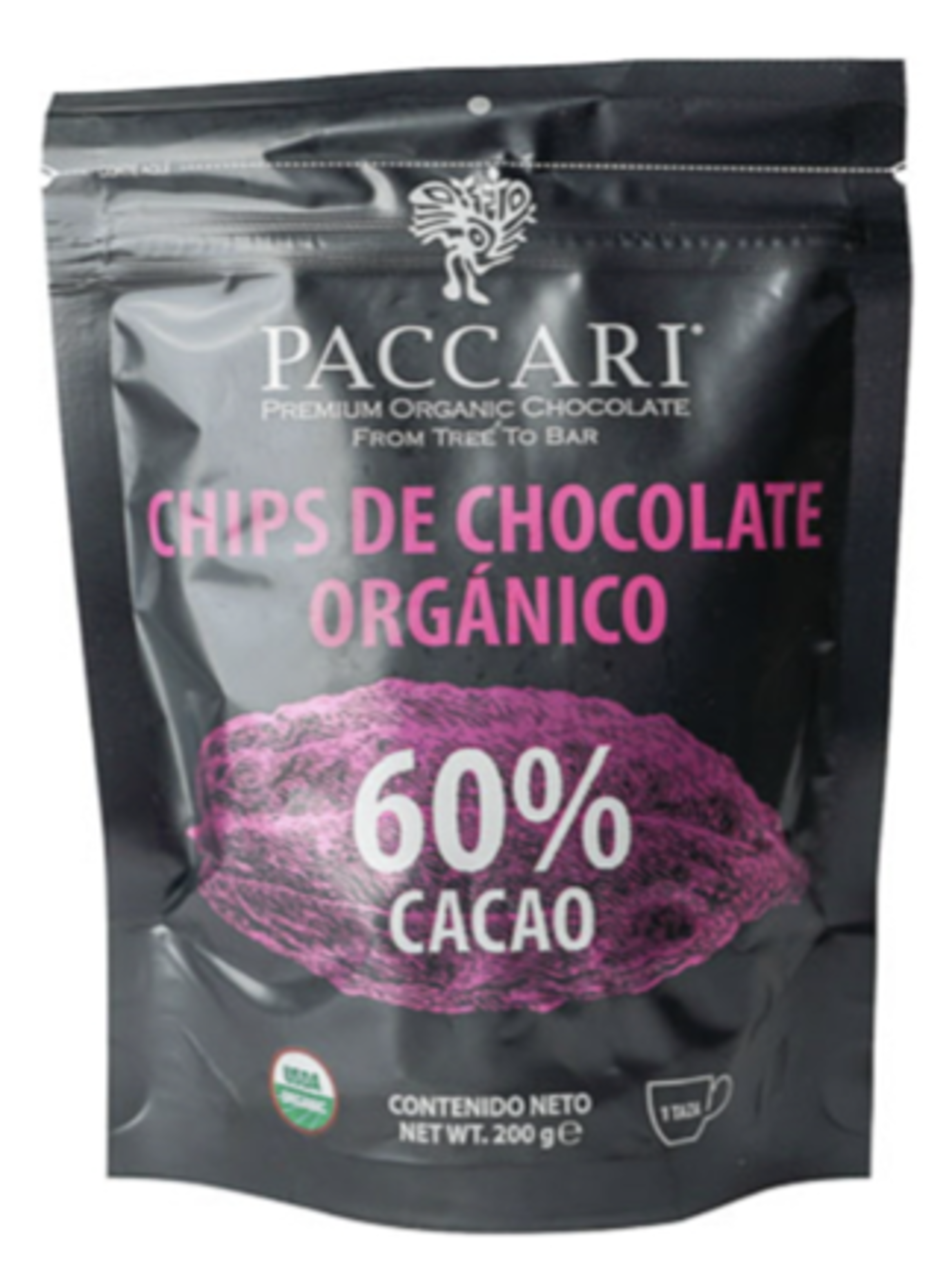 Chips Cobertura Chocolate Paccari 60% Cacao 200gr Orgánico-1