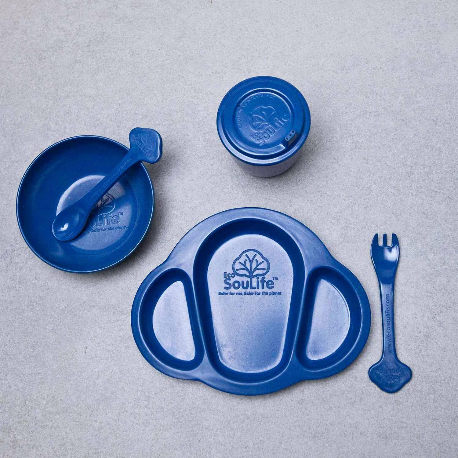 Set 5 Unds. para bebés (Plato+Bowl+Vaso+Cuchara+Tenedor) Azul, Cáscara De Arroz-4