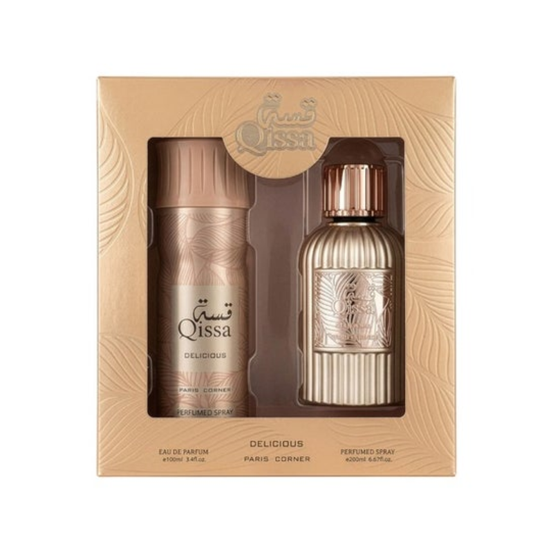 Set Perfume Qissa Delicious EDP 100 ML + Perfumed Spray 200 ml Paris Corner .-0